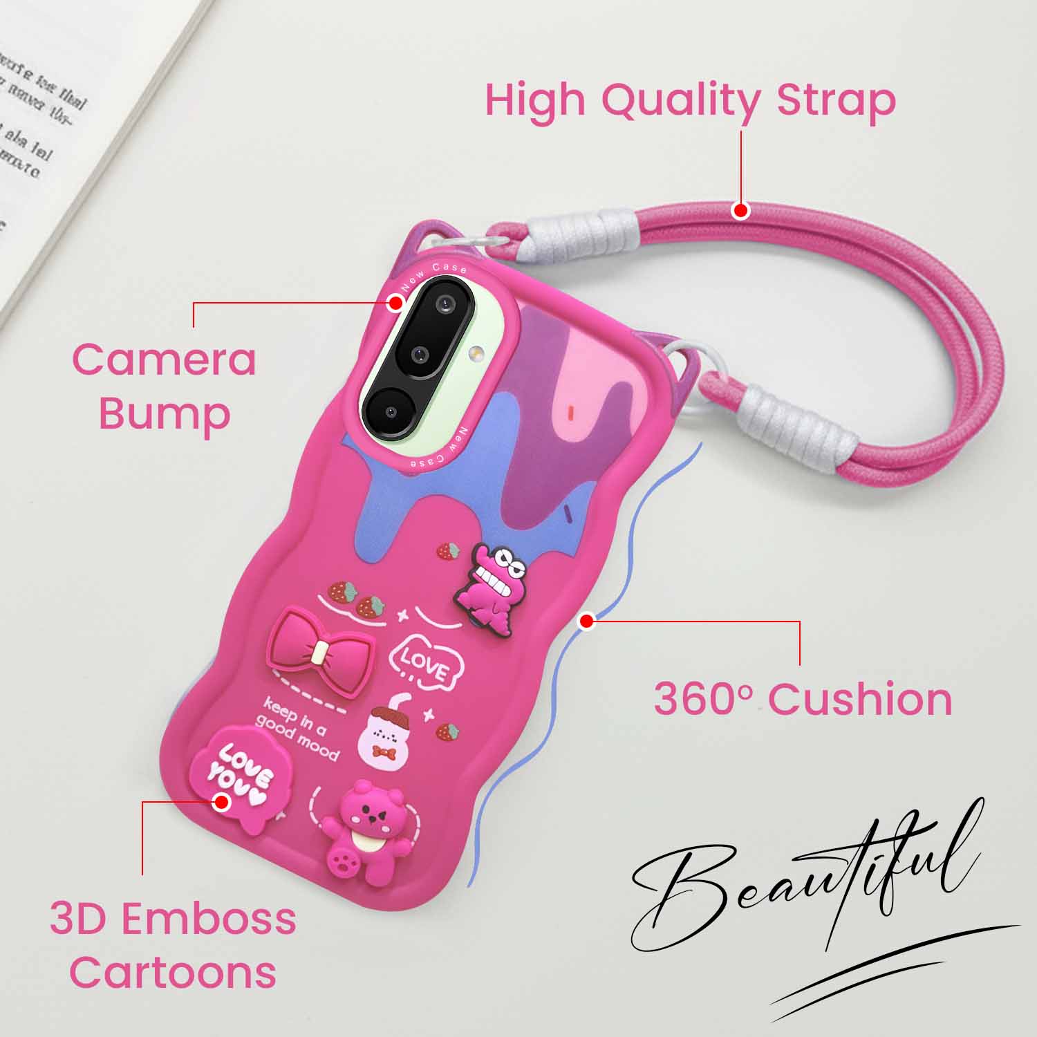 For Samsung Galaxy M16 5G | Samsung Galaxy F16 5G Back Case Cover Strap (3D embossed Figures | Strap Holder | 360* Soft Cushion with Camera Bump)