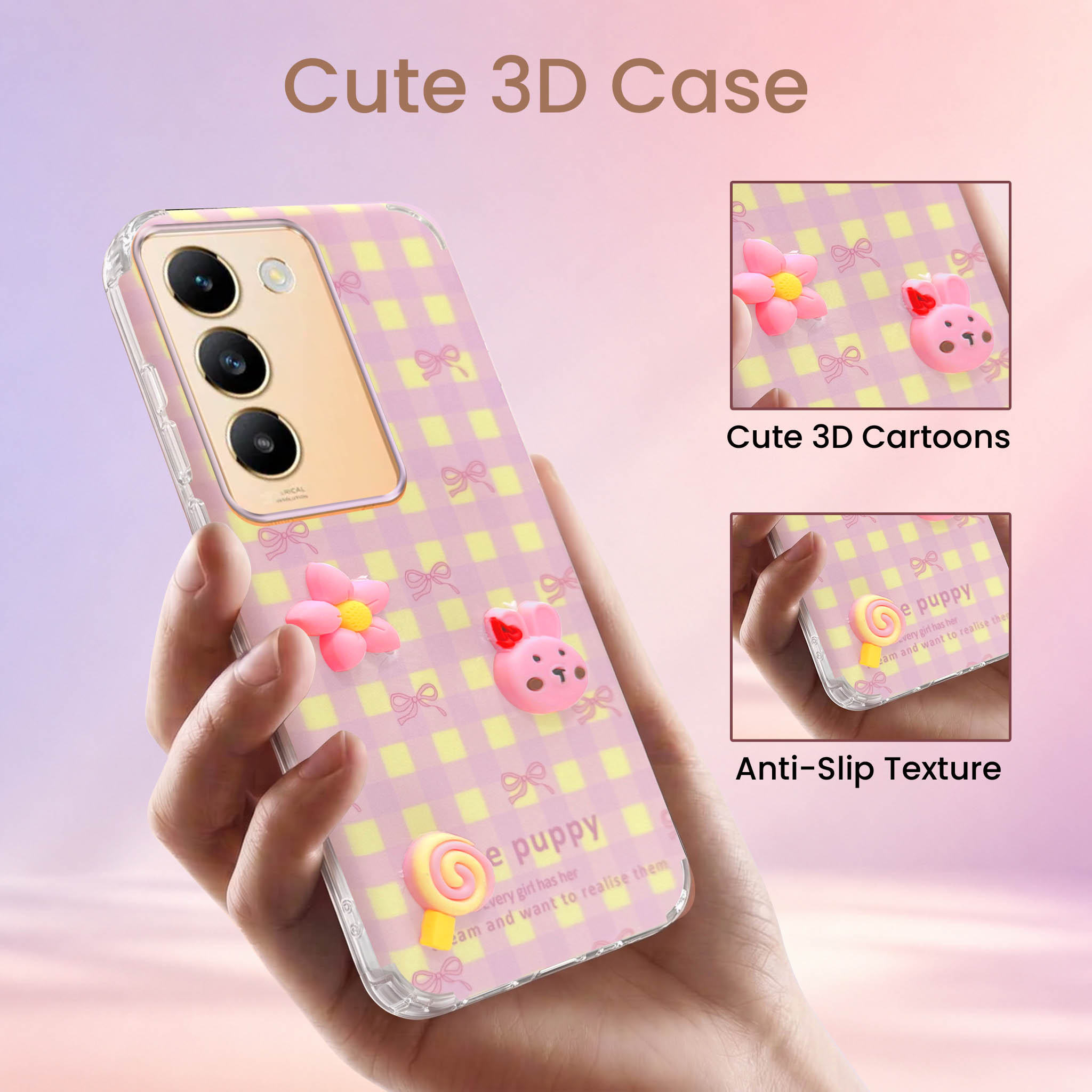 For Vivo Y200e Back Cover Case (3D Cute Cartoons | Hard Back Side Soft | Matte Premium Finish | HD Printing)