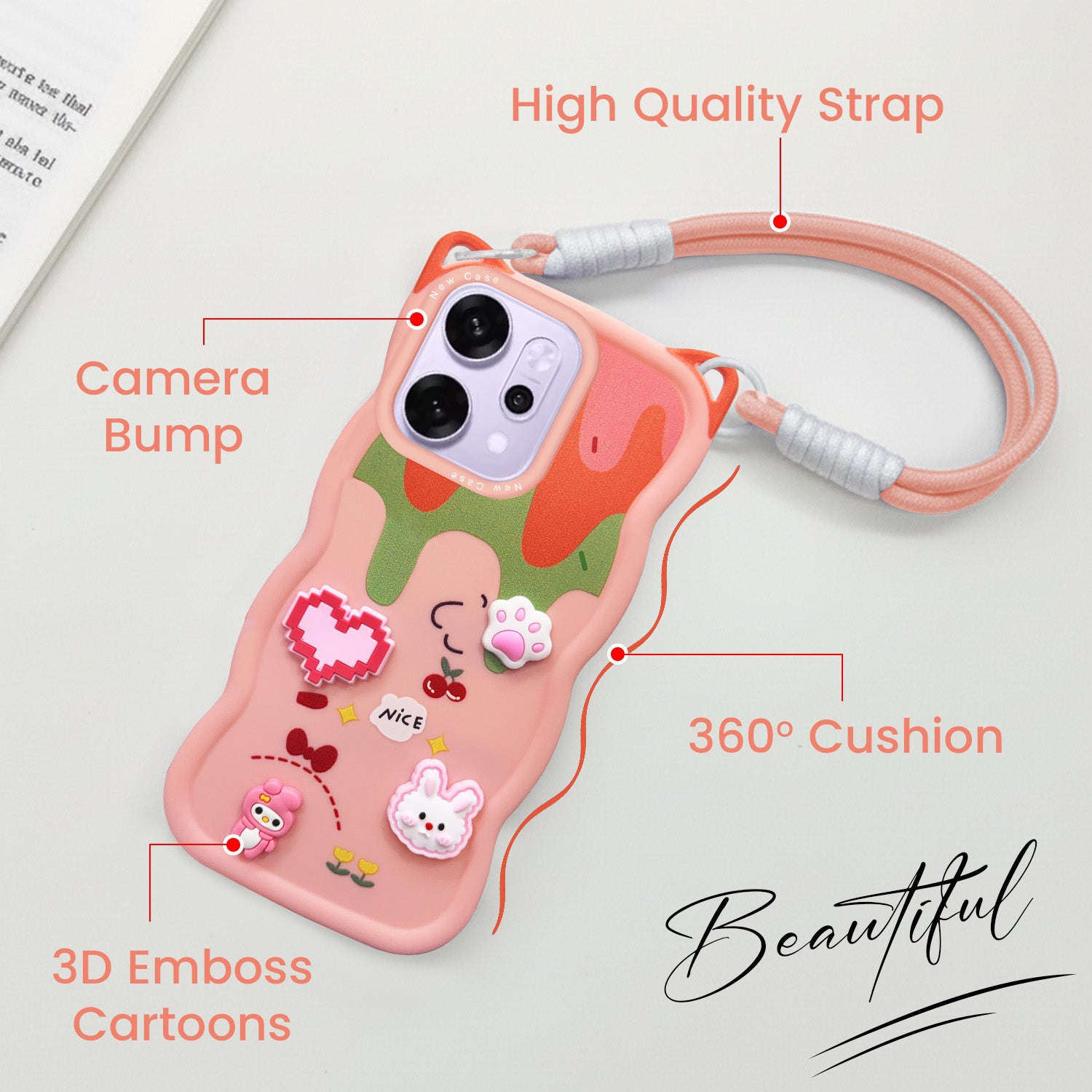 For Oppo Reno14 Pro 5G | Oppo Reno 14 Pro 5G Back Case Cover Strap (3D embossed Figures | Strap Holder | 360* Soft Cushion with Camera Bump)