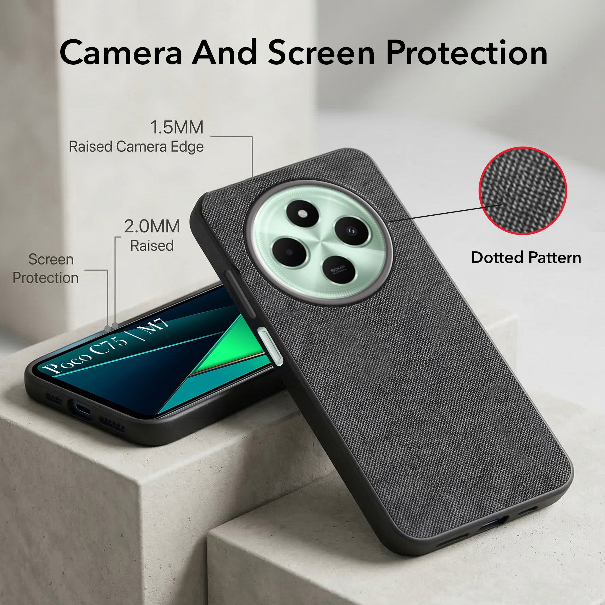 For Poco C75 | Poco M7 Combo with Back Cover and 9H Tempered Glass (Textured Grip Design | Micro-Fiber Cloth Inside | Oleophobic Coating Screen Glass)
