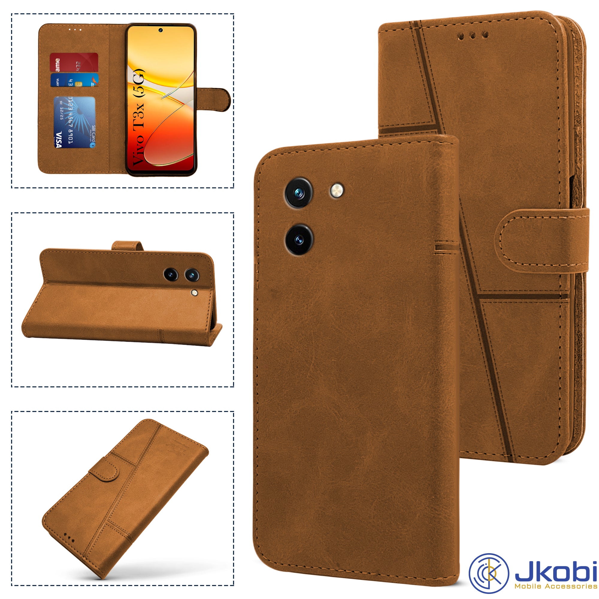 For Vivo T3x 5G Flip Cover Case (Stitched Leather with Magnetic Closure)