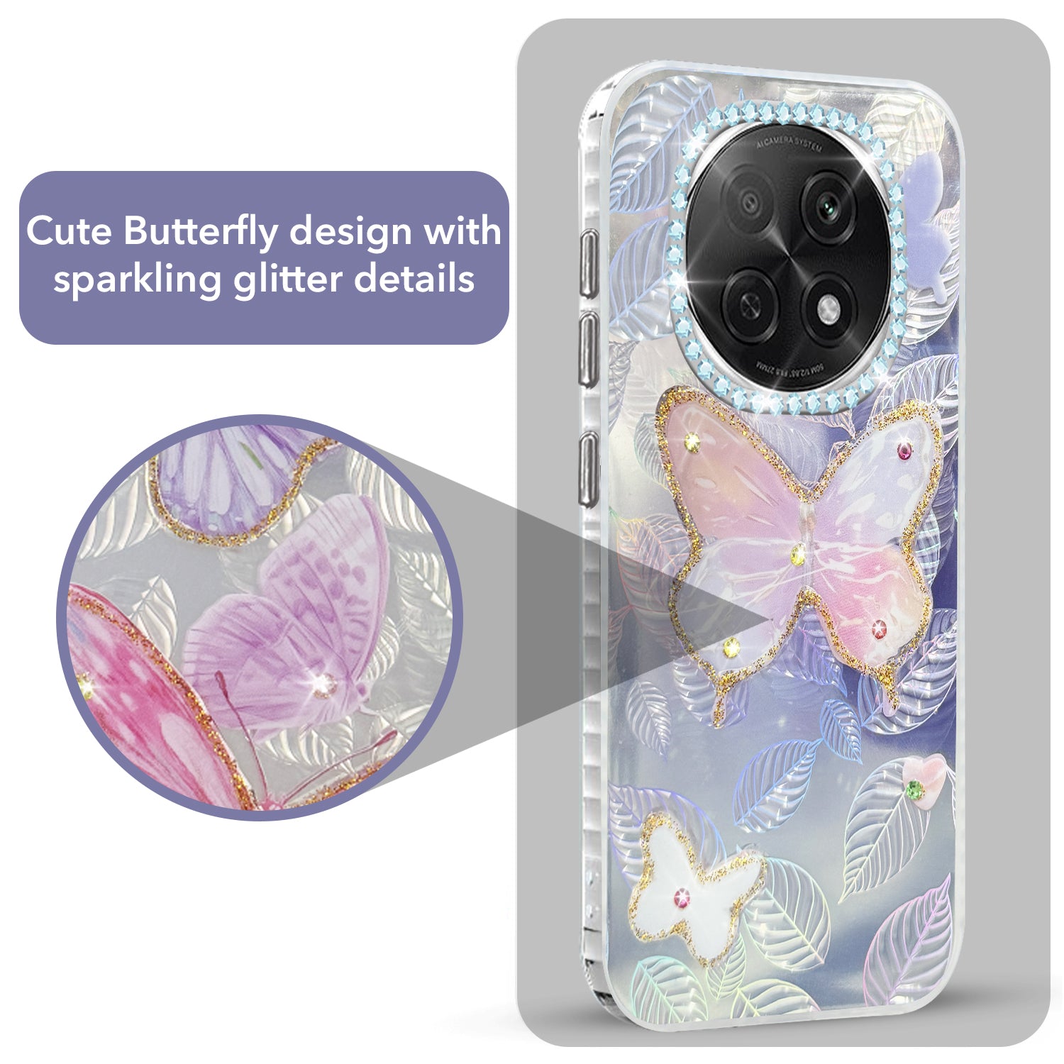 For Oppo F29 Pro Back Cover Case  (Luxury Floral Glitter Cute Butterfly | Diamond Studded Camera Bump | Girls & Women Design)