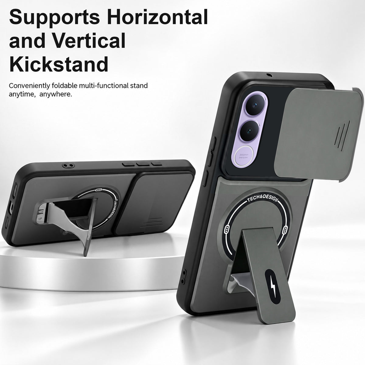 For Vivo V70 FE 5G Back Case Cover Metallic (Hybrid Armor Kickstand | Sliding Shutter Camera Protection | MagSafe Compatible)