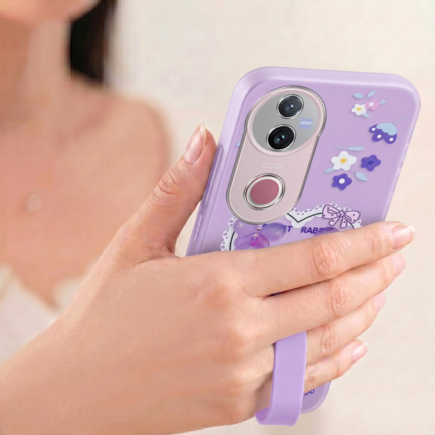 For Vivo V50 | Vivo V50e Back Cover Case (3D Cute Heart Strap Holder | Camera Protection | Designer Girls Print)