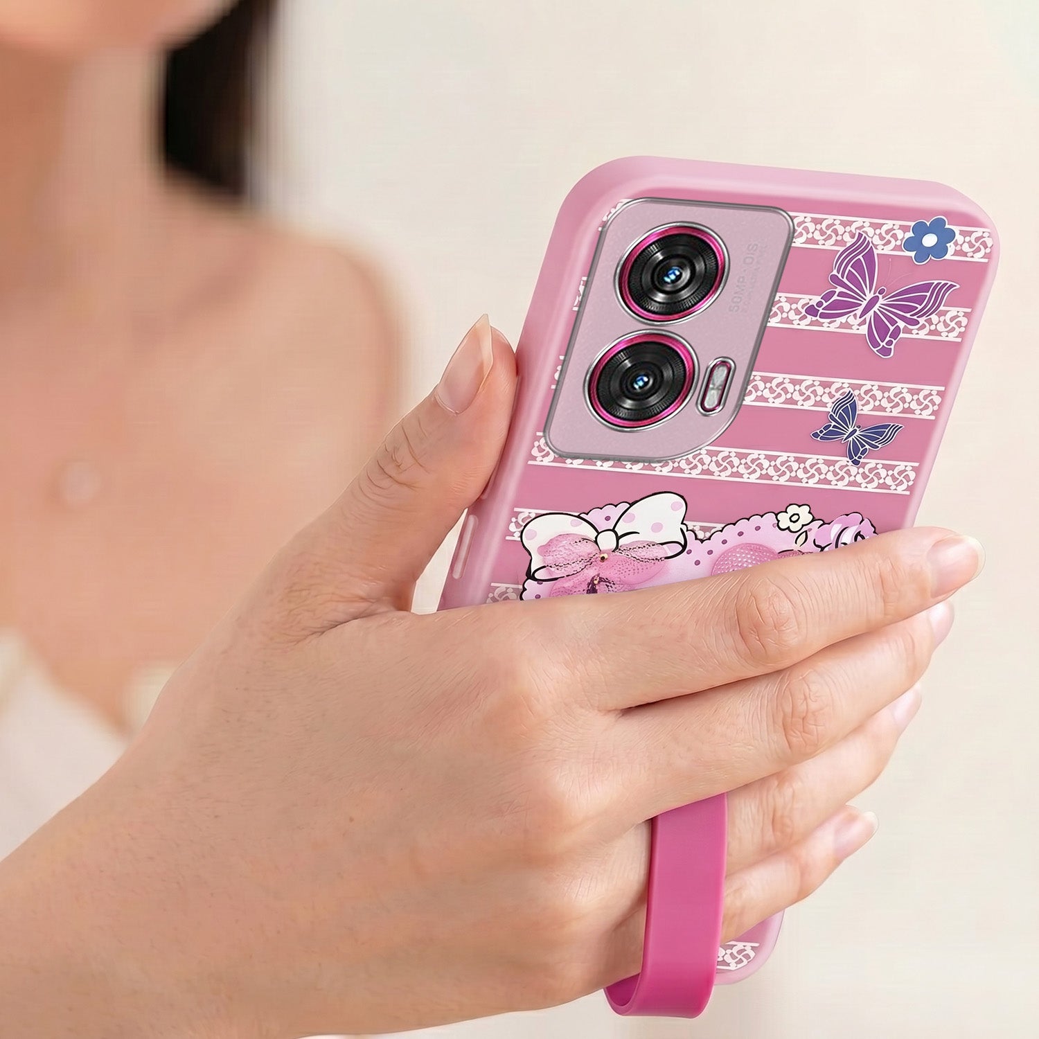 For Motorola Moto Edge 50 Fusion Back Cover Case (3D Cute Heart Strap Holder | Camera Protection | Designer Girls Print)