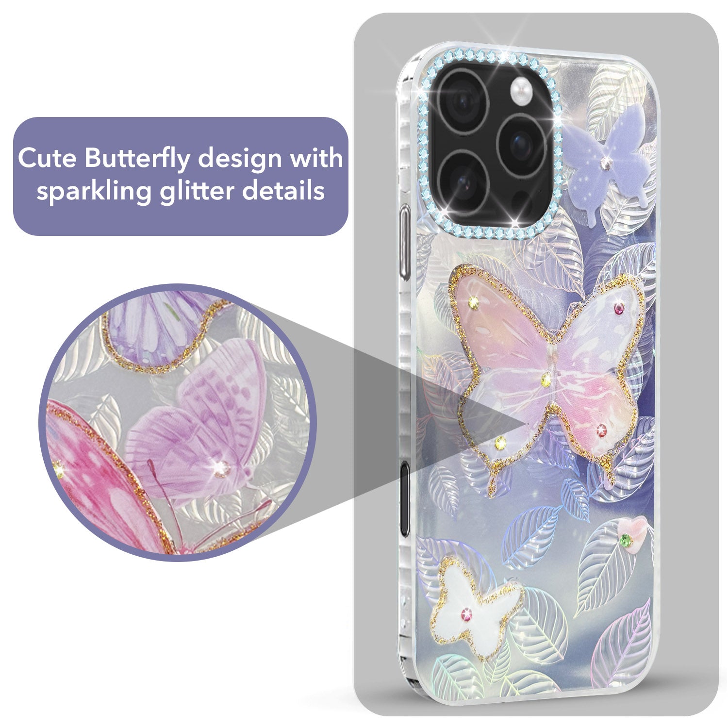 For iPhone 16 Pro Max Back Cover Case (Luxury Floral Glitter Cute Butterfly | Diamond Studded Camera Bump | Girls & Women Design)