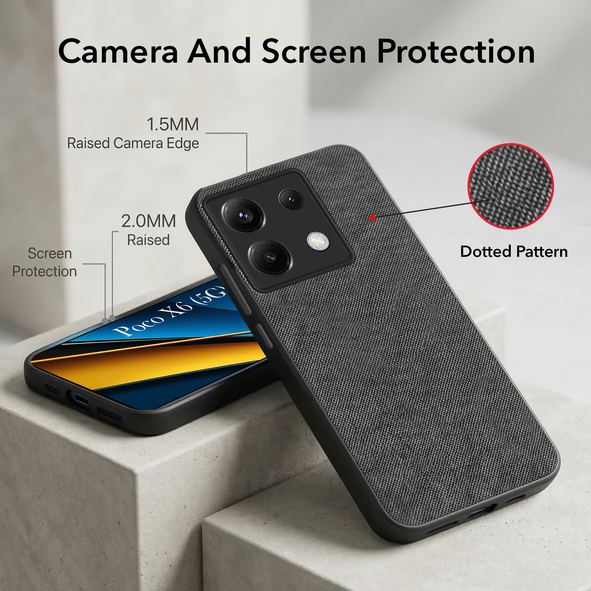 For Poco X6 5G Combo with Back Cover and 9H Tempered Glass (Textured Grip Design | Micro-Fiber Cloth Inside | Oleophobic Coating Screen Glass)