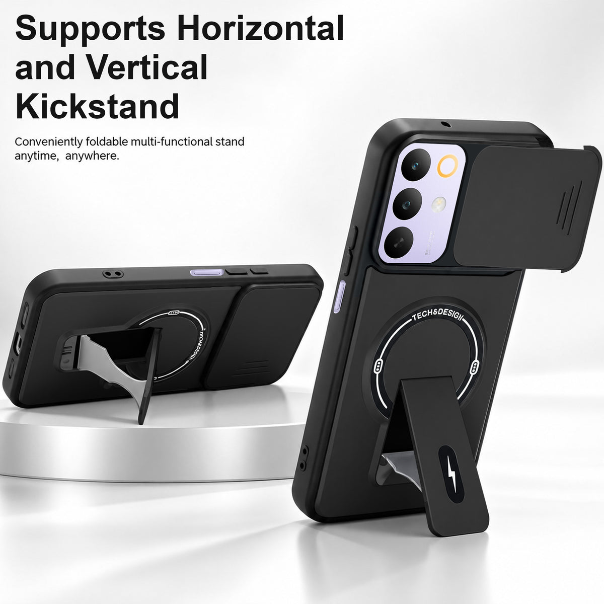 For Realme C85 5G | Realme Narzo 90x Back Case Cover Metallic (Hybrid Armor Kickstand | Sliding Shutter Camera Protection | MagSafe Compatible)