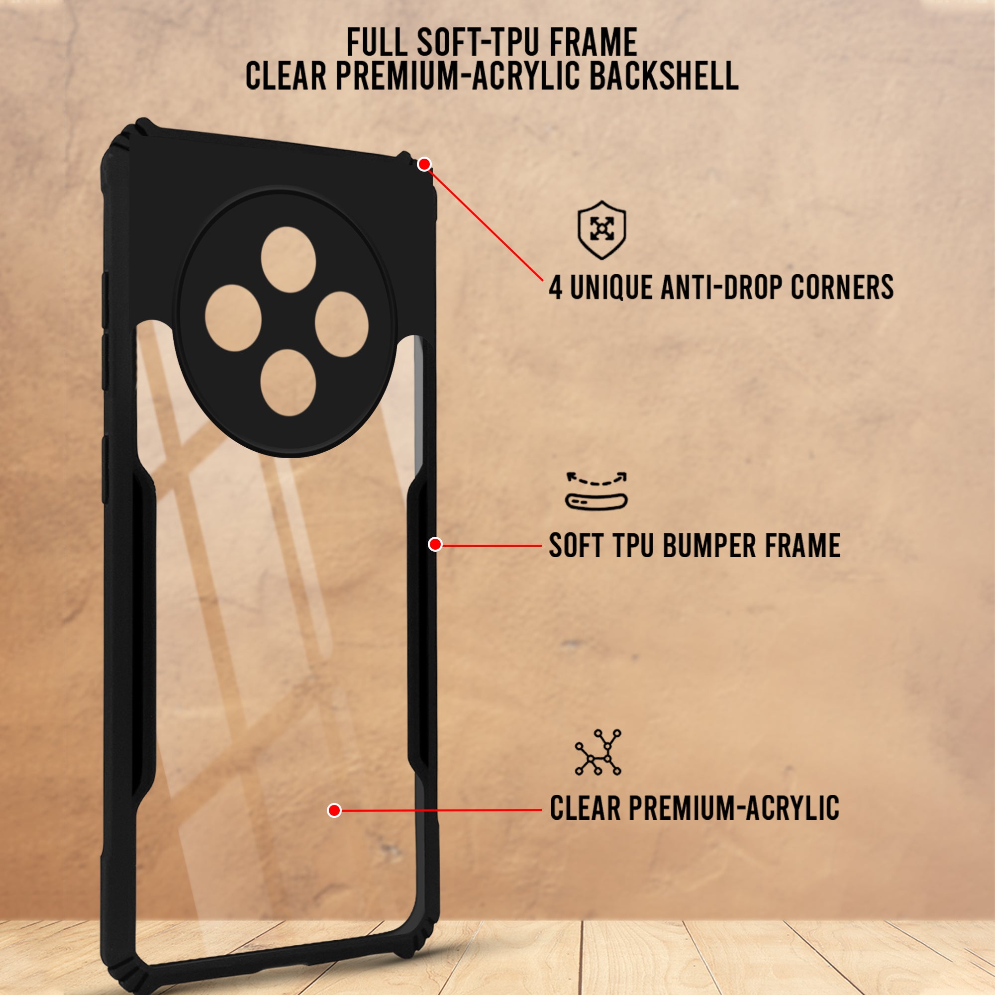For Oppo Reno 12F 5G Back Cover Case (Shockproof with Polycarbonate Clear Panel)