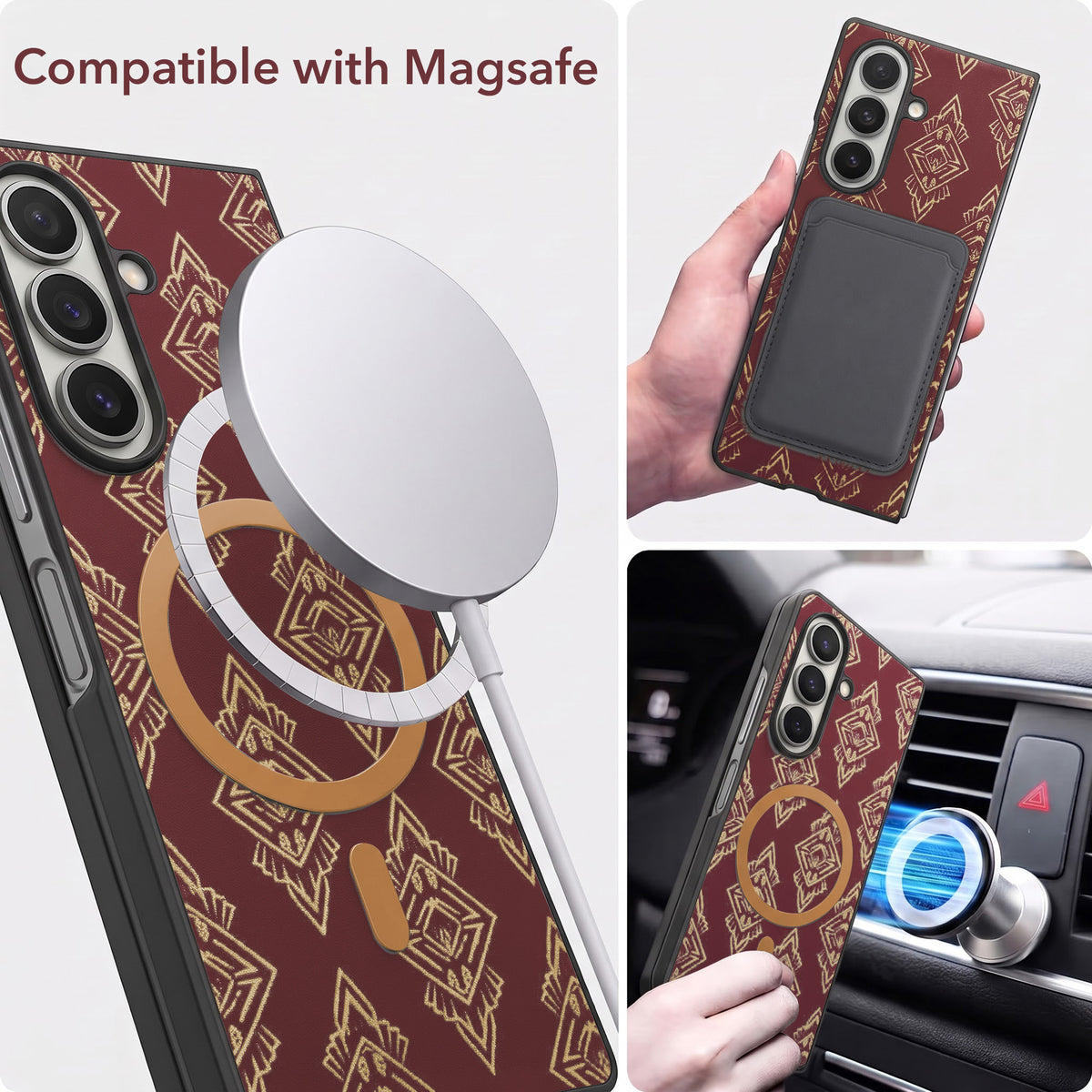 For Samsung Galaxy Z Fold 7 Back Cover Case Premium Magnetic (MagSafe Compatible | 180° Folding Design | Geometric Gold Pattern | Soft Microfiber Inner Lining)