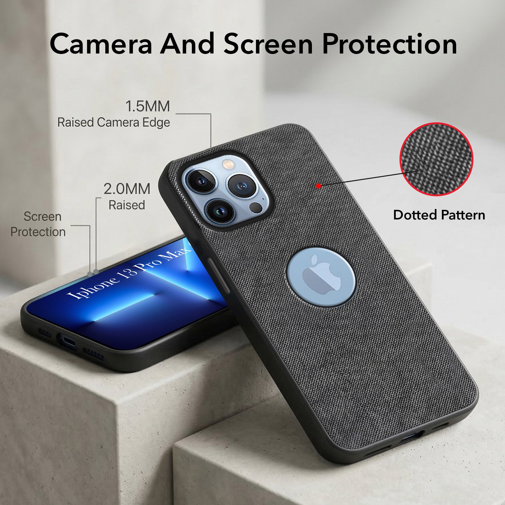 For Apple iPhone 13 Pro Max Combo with Back Cover and 9H Tempered Glass (Textured Grip Design | Micro-Fiber Cloth Inside | Oleophobic Coating Screen Glass)