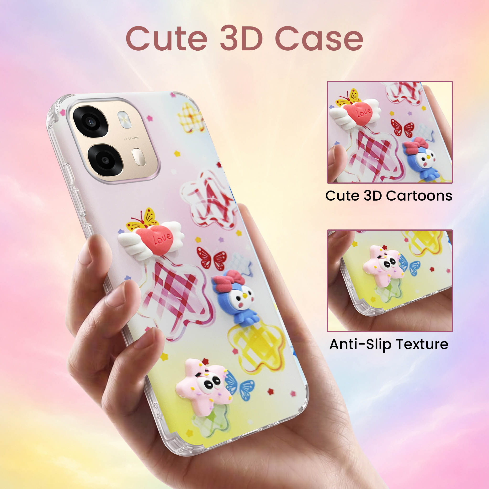 For Oppo A6 Pro Back Cover Case (3D Cute Cartoons | Hard Back Side Soft | Matte Premium Finish | HD Printing)