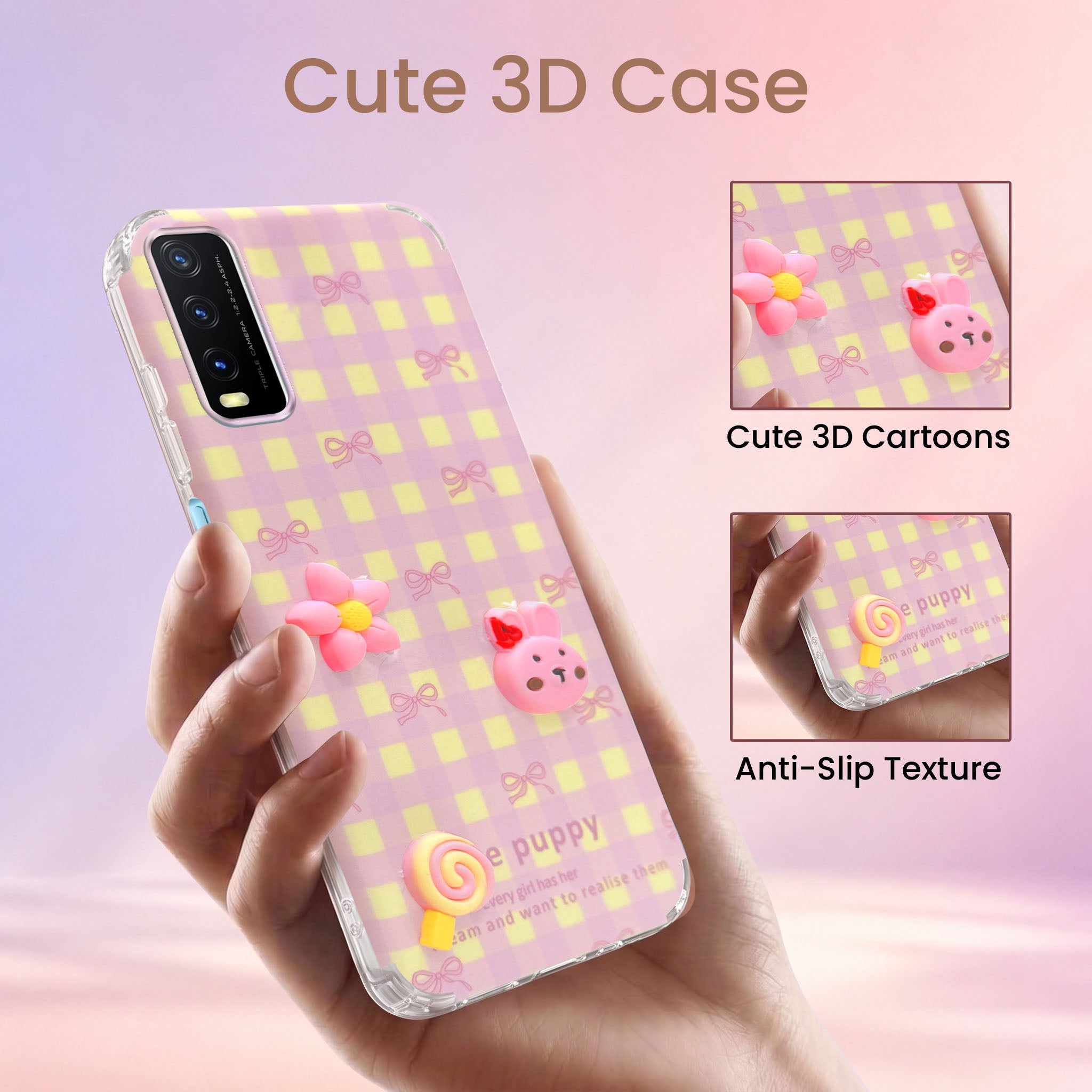 For Vivo Y20 | Y20i Back Cover Case (3D Cute Cartoons | Hard Back Side Soft | Matte Premium Finish | HD Printing)