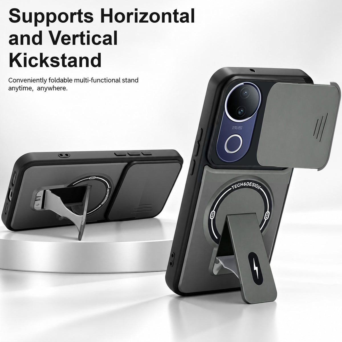For Vivo T4R Back Case Cover Metallic (Hybrid Armor Kickstand | Sliding Shutter Camera Protection | MagSafe Compatible)