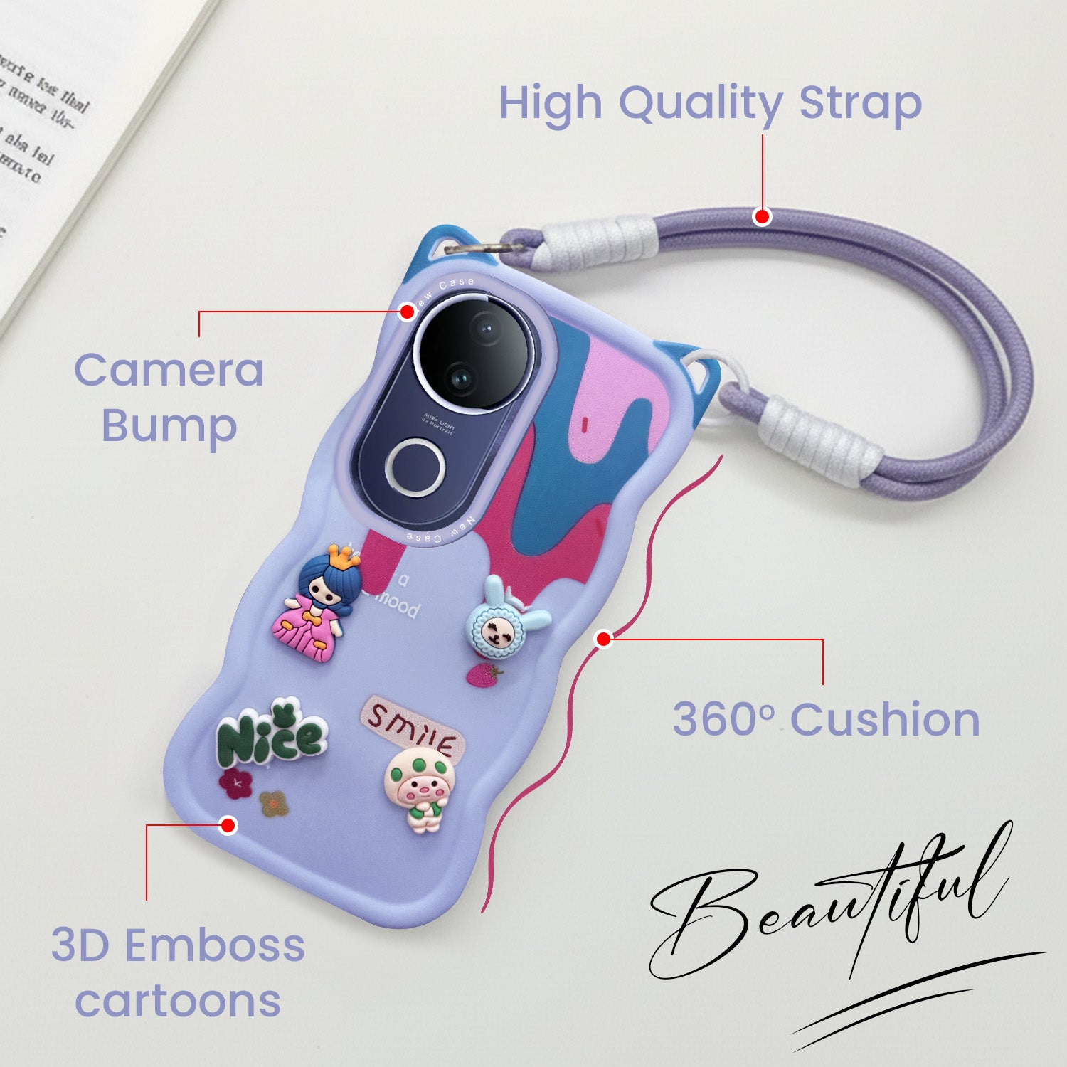 For Vivo T4R Back Case Cover Strap (3D embossed Figures | Strap Holder | 360* Soft Cushion with Camera Bump)