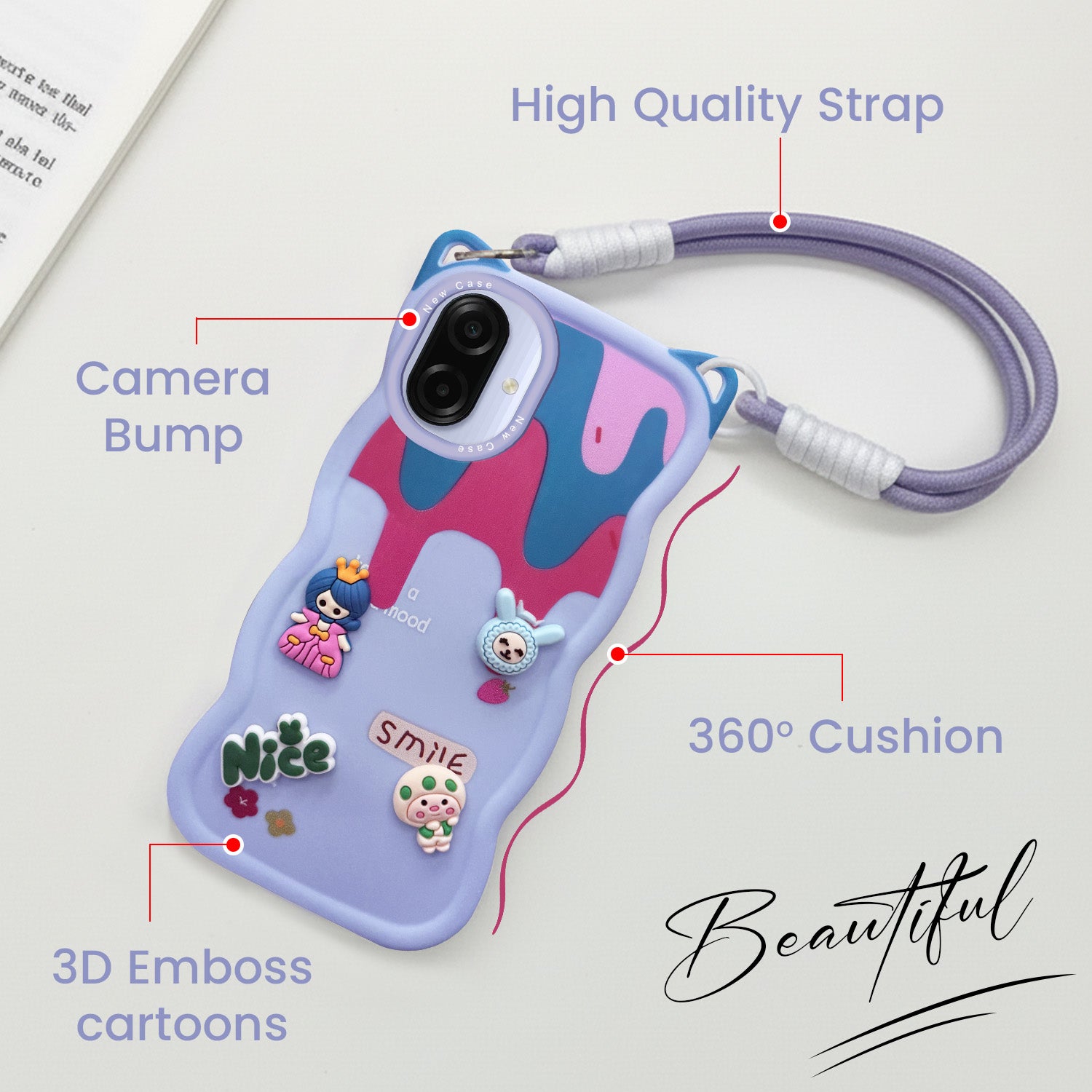 For Samsung Galaxy A07 | F70e 5G Strap Back Case Cover (3D embossed Figures | Strap Holder | 360* Soft Cushion with Camera Bump)
