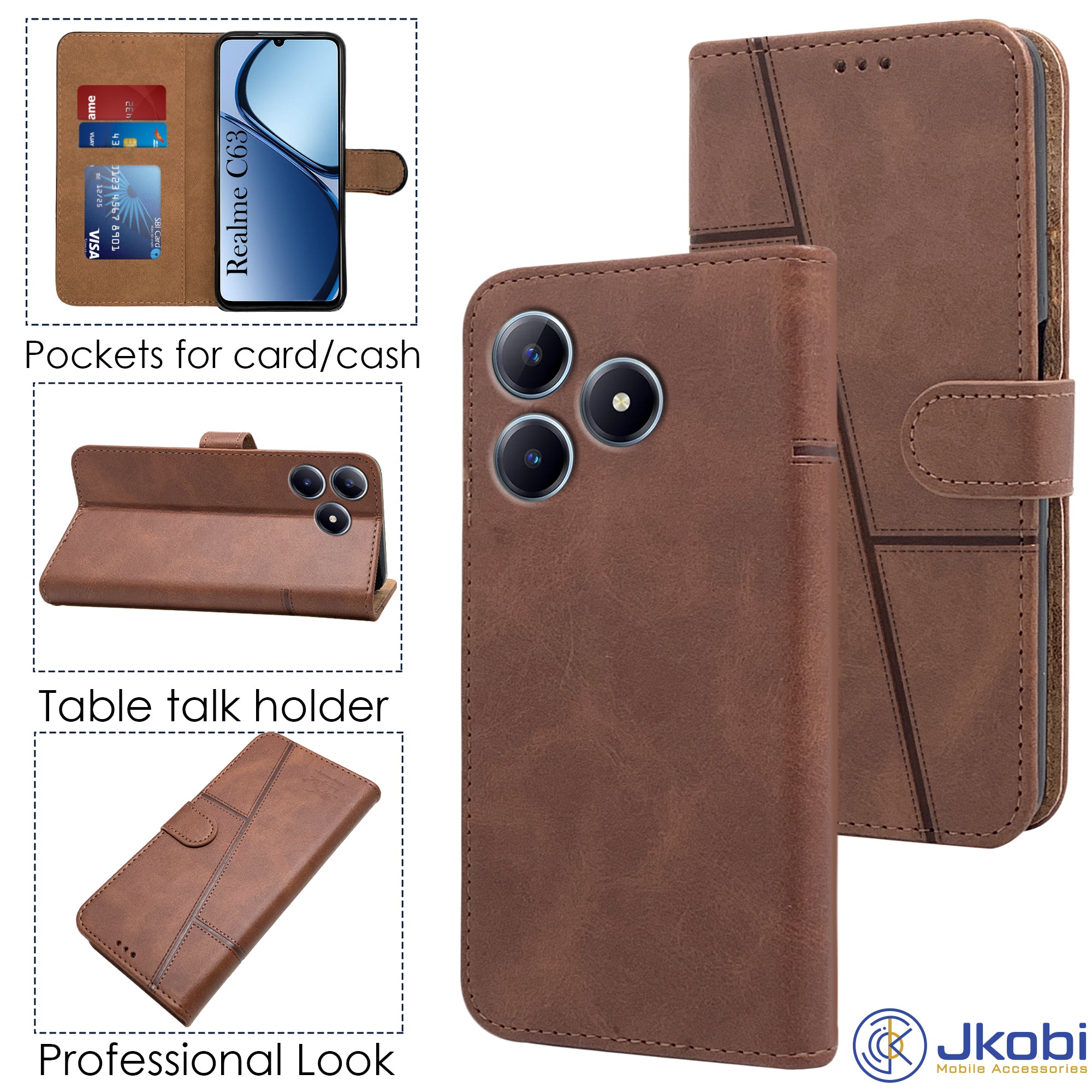 For Realme C63 Flip Cover Case (Stitched Leather with Magnetic Closure)