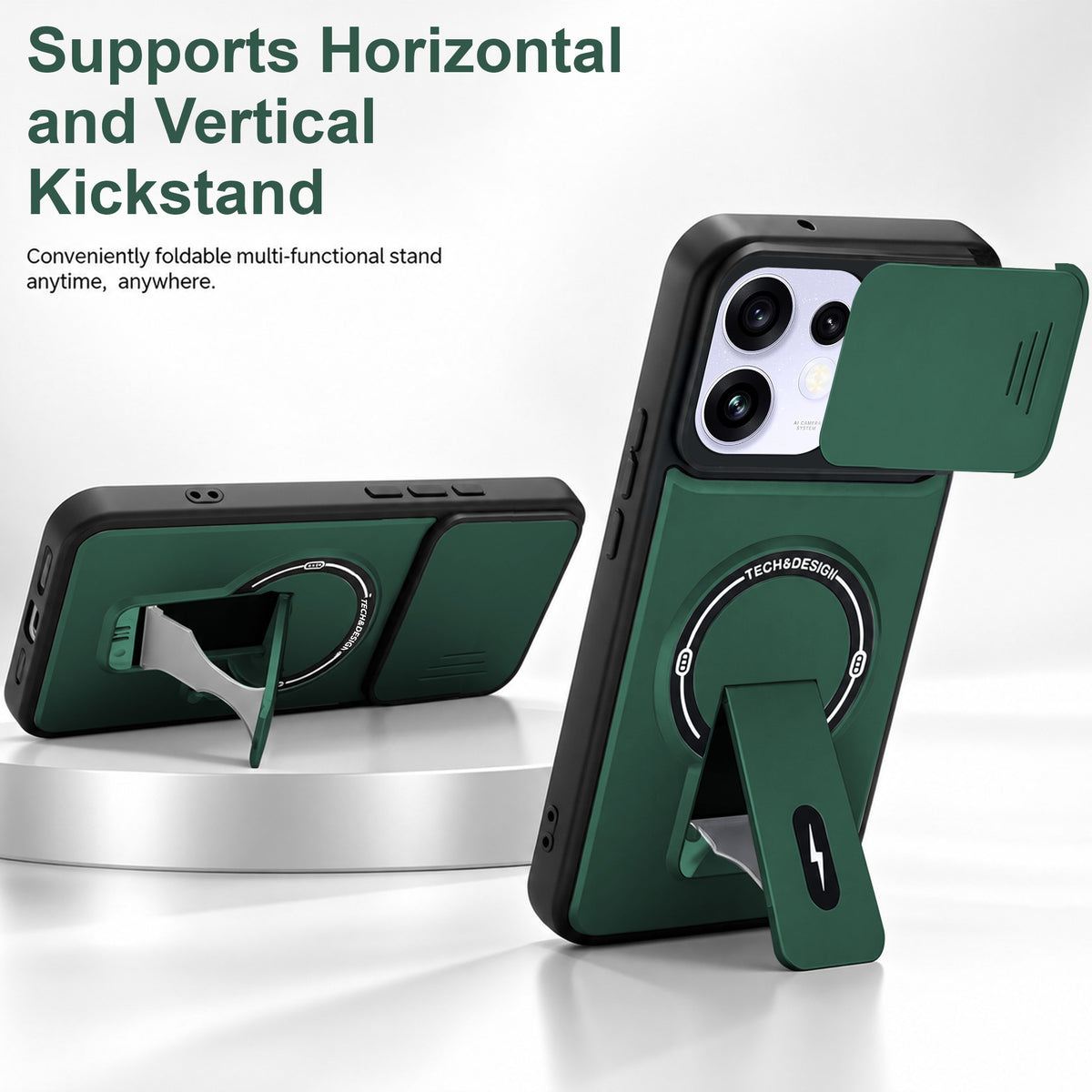 For Oppo Reno 16 Power Back Case Cover Metallic (Hybrid Armor Kickstand | Sliding Shutter Camera Protection | MagSafe Compatible)