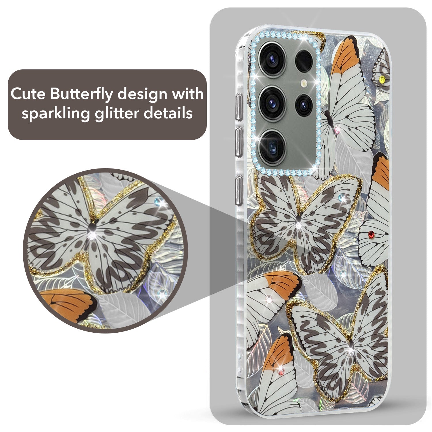 For Samsung Galaxy S23 Ultra Back Cover Case (Luxury Floral Glitter Cute Butterfly | Diamond Studded Camera Bump | Girls & Women Design)