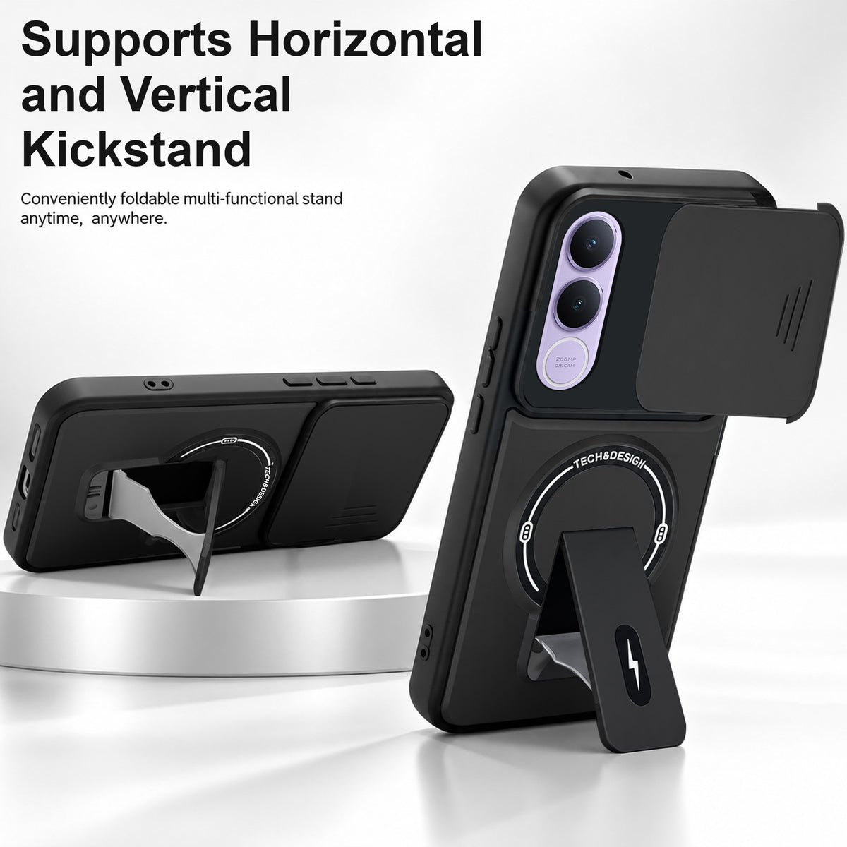For Vivo V70 FE 5G Back Case Cover Metallic (Hybrid Armor Kickstand | Sliding Shutter Camera Protection | MagSafe Compatible)