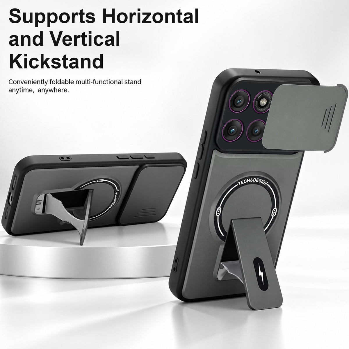 For Motorola Moto Edge 60 Pro Back Case Cover Metallic (Hybrid Armor Kickstand | Sliding Shutter Camera Protection | MagSafe Compatible)