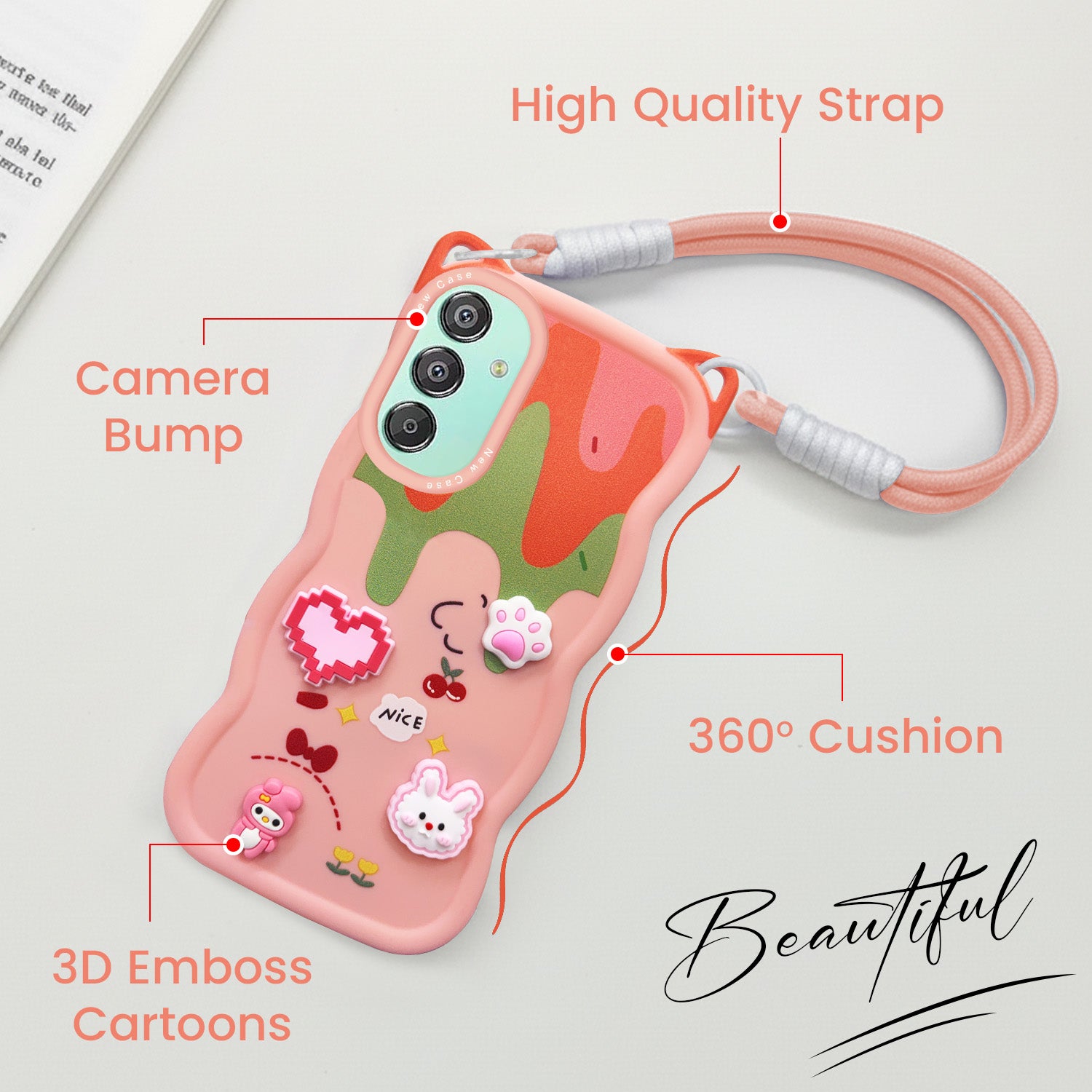 For Samsung Galaxy F15 5G Back Case Cover Strap(3D embossed Figures | Strap Holder | 360* Soft Cushion with Camera Bump)