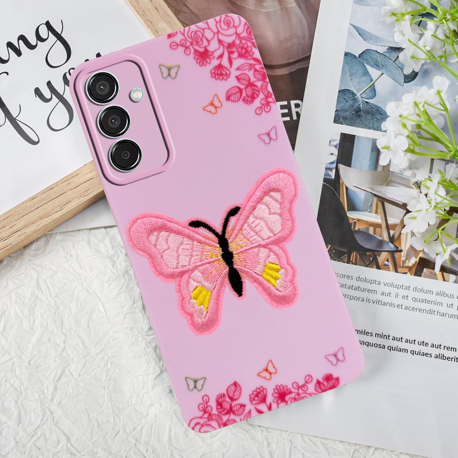 For Samsung Galaxy M15 5G Back Cover Case (Soft Butterfly Embroidery | Women Teen Girls | Camera Protection| Matte Silicone)