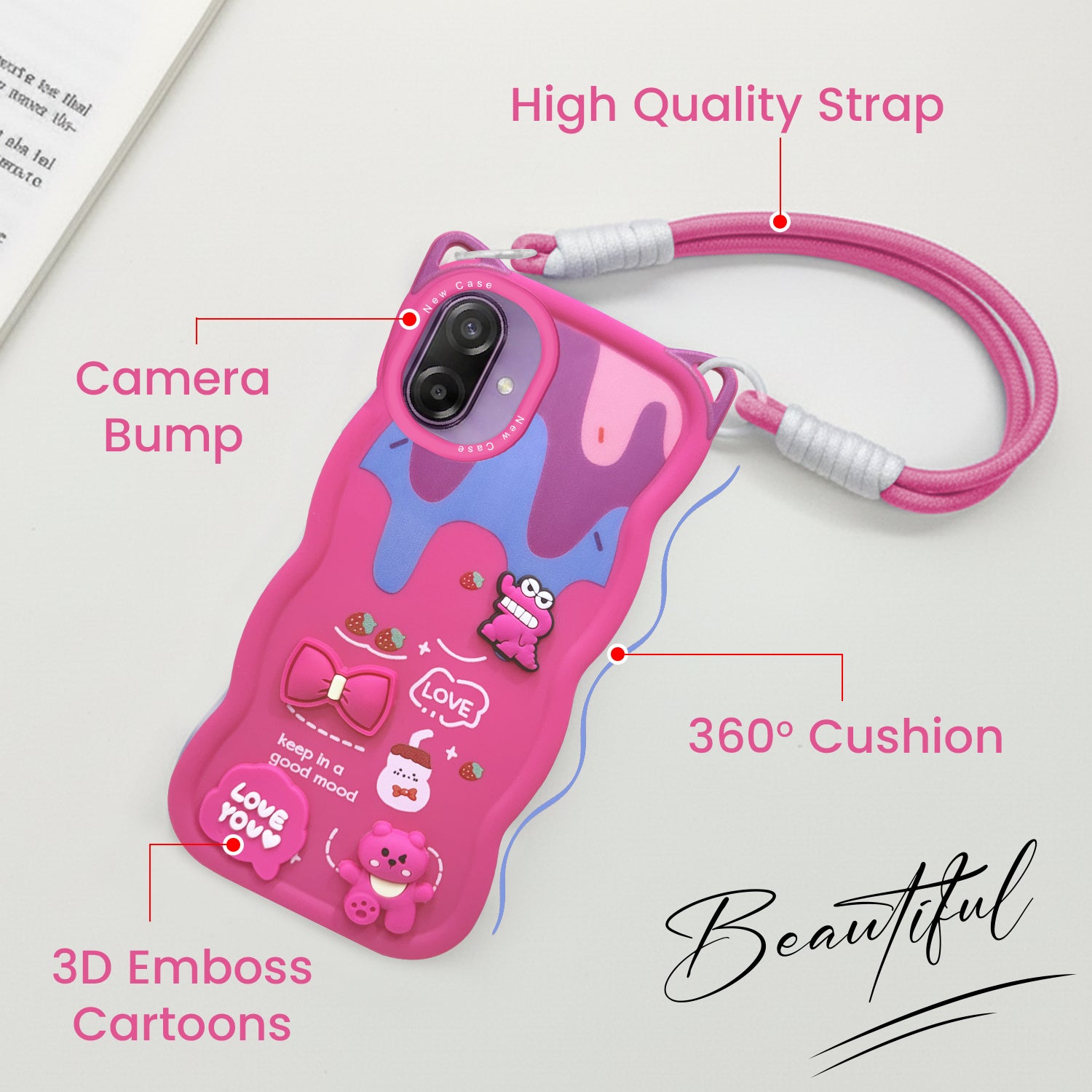 For Samsung Galaxy M17e Back Cover Case Strap (3D Embossed Figures | Strap Holder | 360* Soft Cushion with Camera Bump)