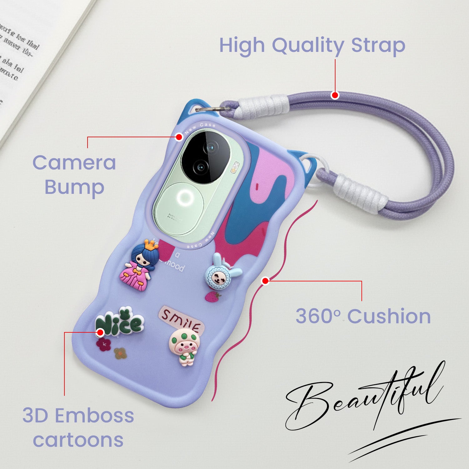 For Vivo iQOO Z9s Back Case Cover Strap (3D embossed Figures | Strap Holder | 360* Soft Cushion with Camera Bump)
