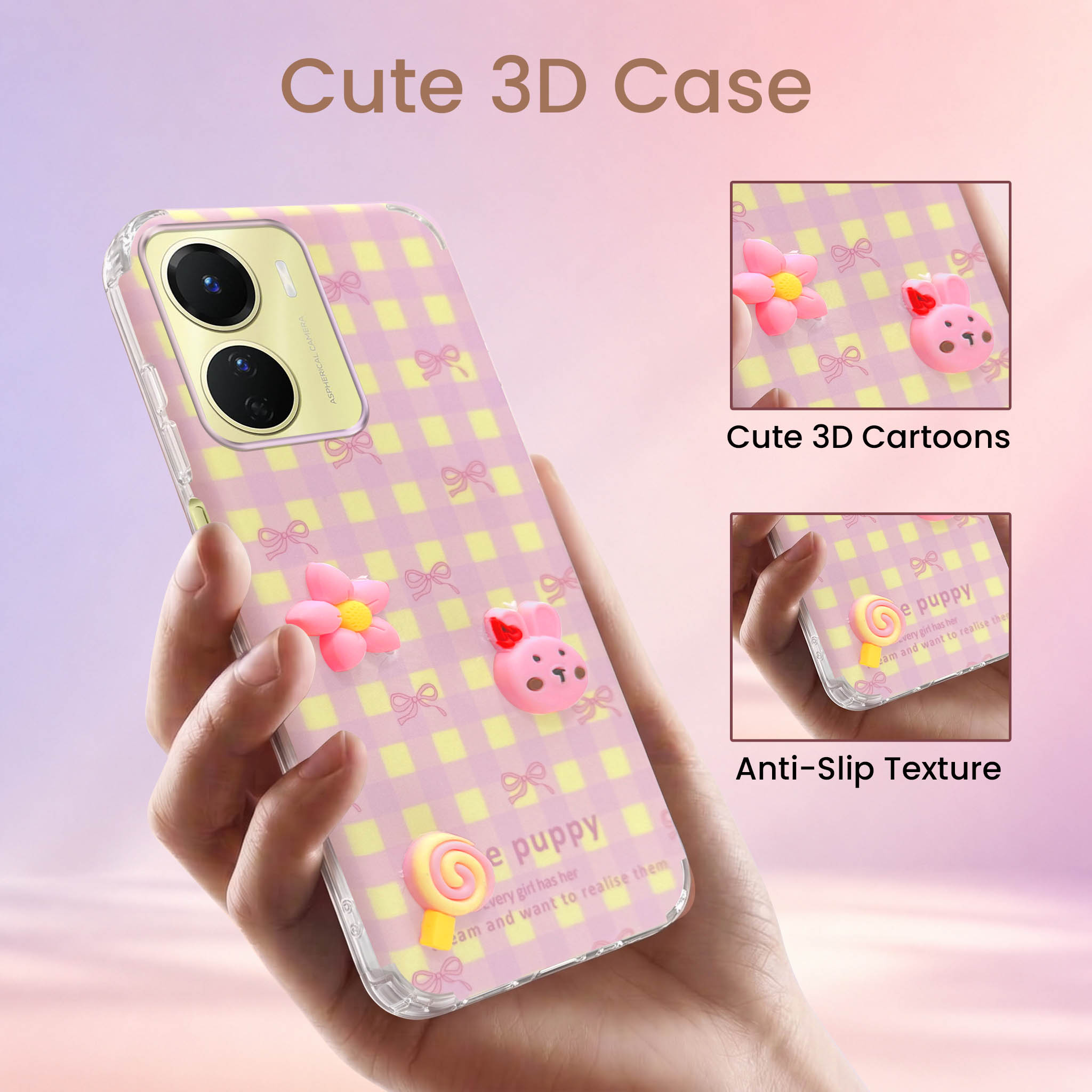 For Vivo Y16 Back Cover Case (3D Cute Cartoons | Hard Back Side Soft | Matte Premium Finish | HD Printing)