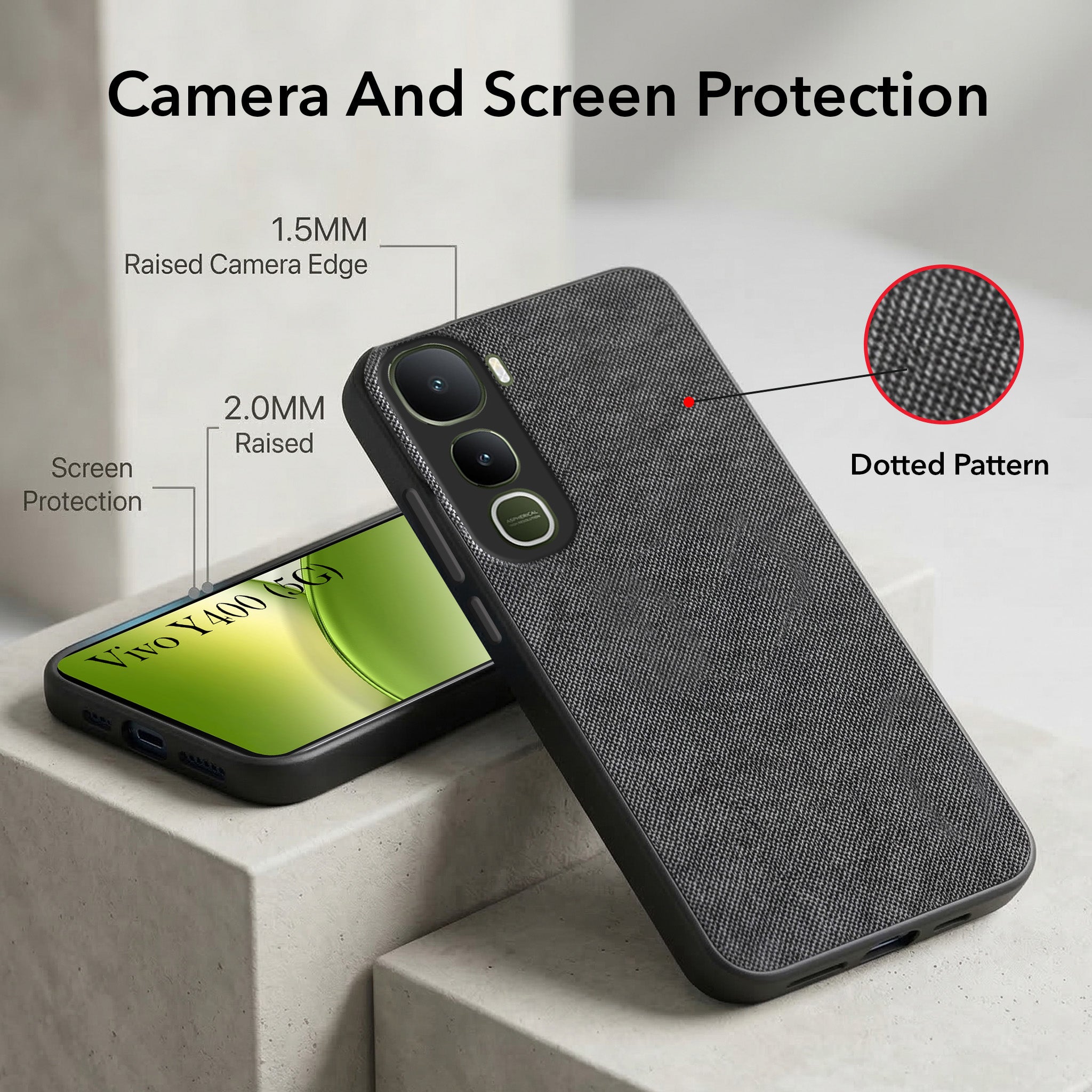 For Vivo Y400 Combo with Back Cover and 9H Tempered Glass (Textured Grip Design | Micro-Fiber Cloth Inside | Oleophobic Coating Screen Glass)
