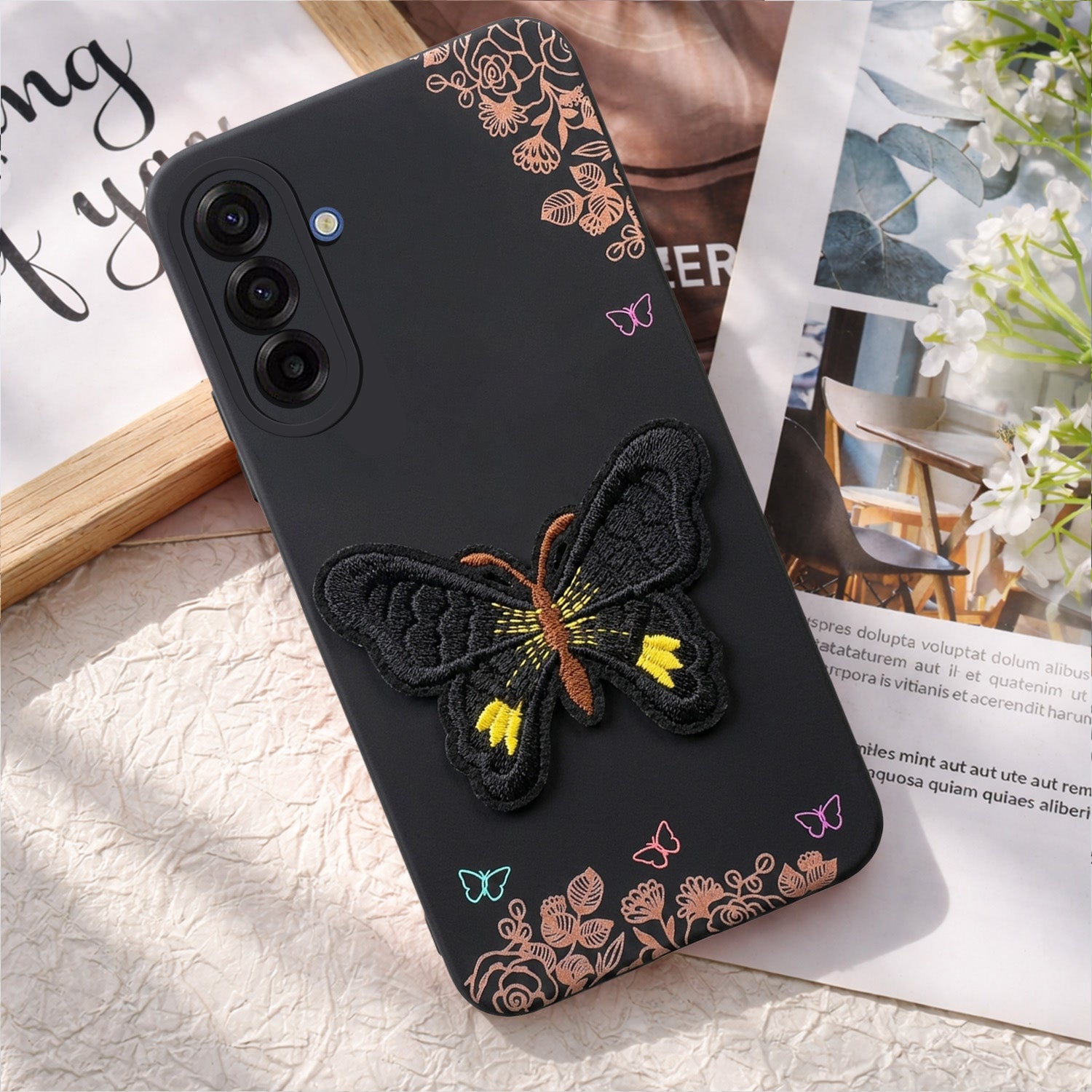 For Samsung Galaxy A17 | Samsung F17 | Samsung M17 5G Back Cover Case (Soft Butterfly Embroidery | Women Teen Girls | Camera Protection| Matte Silicone)