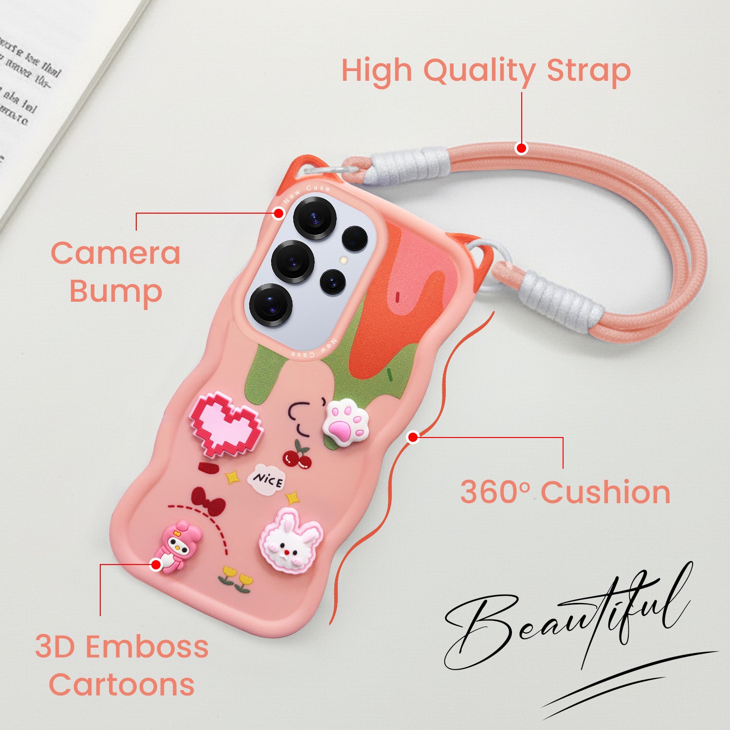 For Samsung Galaxy S25 Ultra Back Case Cover Strap (3D embossed Figures | Strap Holder | 360* Soft Cushion with Camera Bump)