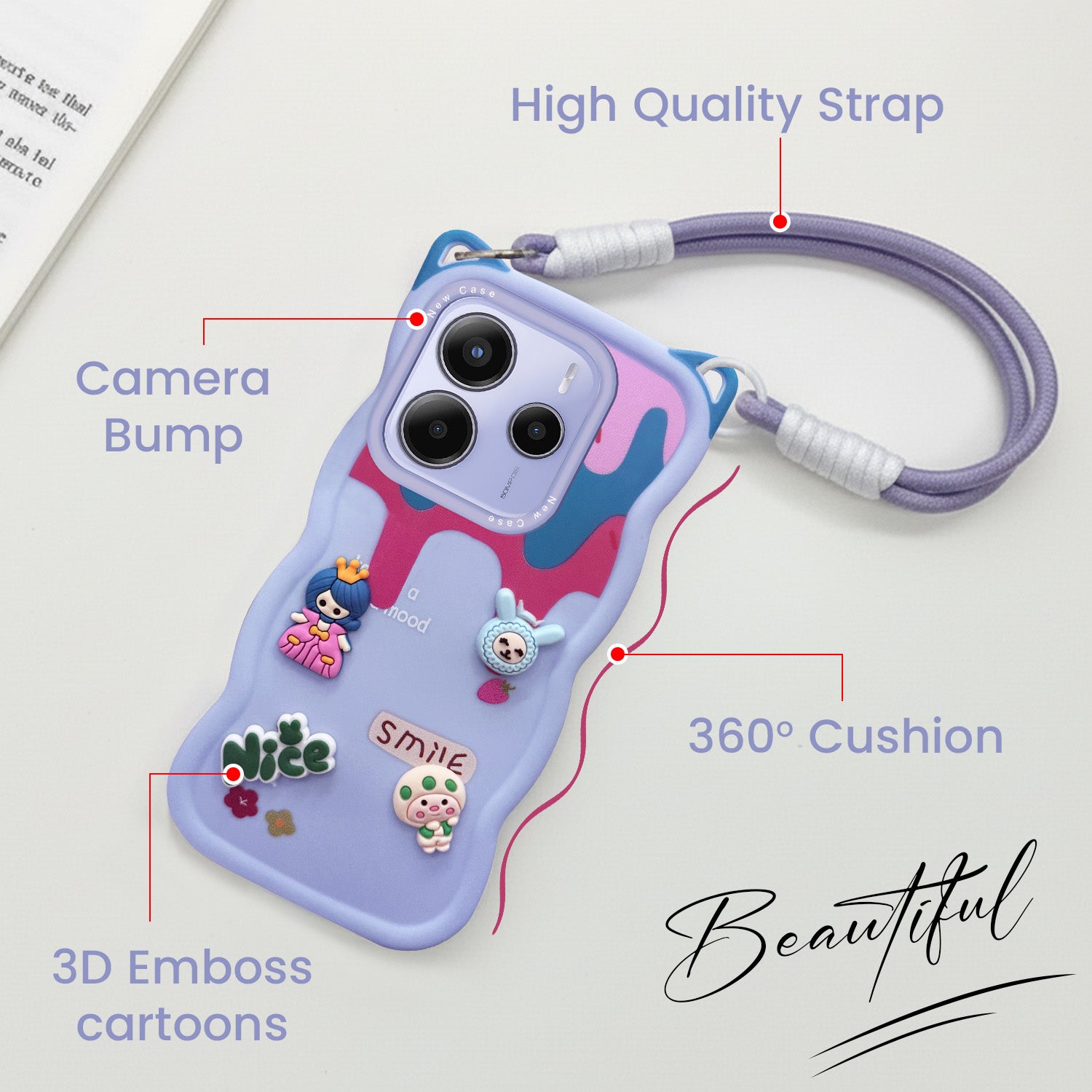 For Redmi Note 14 5G | Redmi Note 14 SE Back Case Cover Strap (3D embossed Figures | Strap Holder | 360* Soft Cushion with Camera Bump)