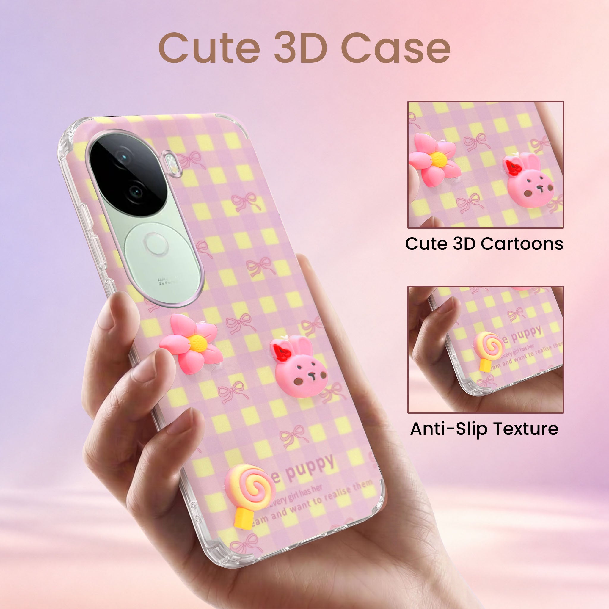 For Vivo V40e Back Cover Case (3D Cute Cartoons | Hard Back Side Soft | Matte Premium Finish | HD Printing)