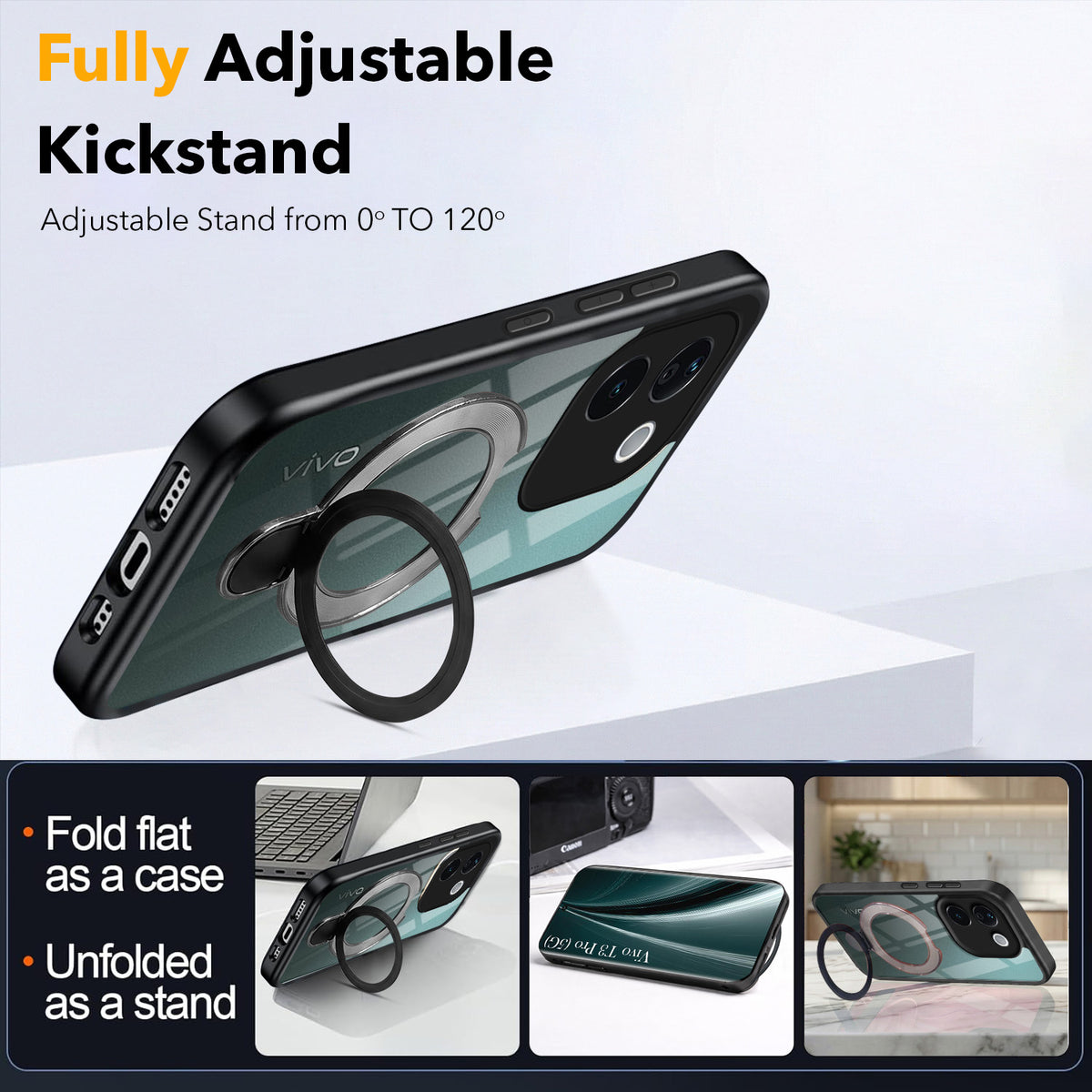 For Vivo T3 Pro Back Cover Case (Kick Stand Ring Holder | Life time Anti Yellow | Camera Protection)