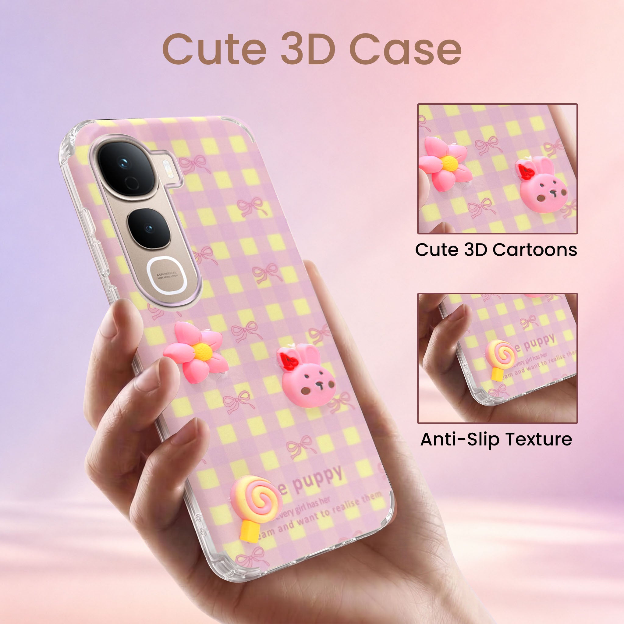 For Vivo Y400 Pro Back Cover Case (3D Cute Cartoons | Hard Back Side Soft | Matte Premium Finish | HD Printing)