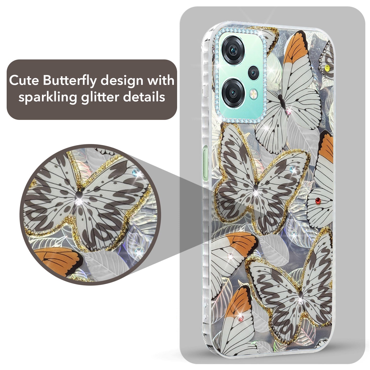 For OnePlus Nord CE 2 Lite Back Cover Case (Luxury Floral Glitter Cute Butterfly | Diamond Studded Camera Bump | Girls & Women Design)