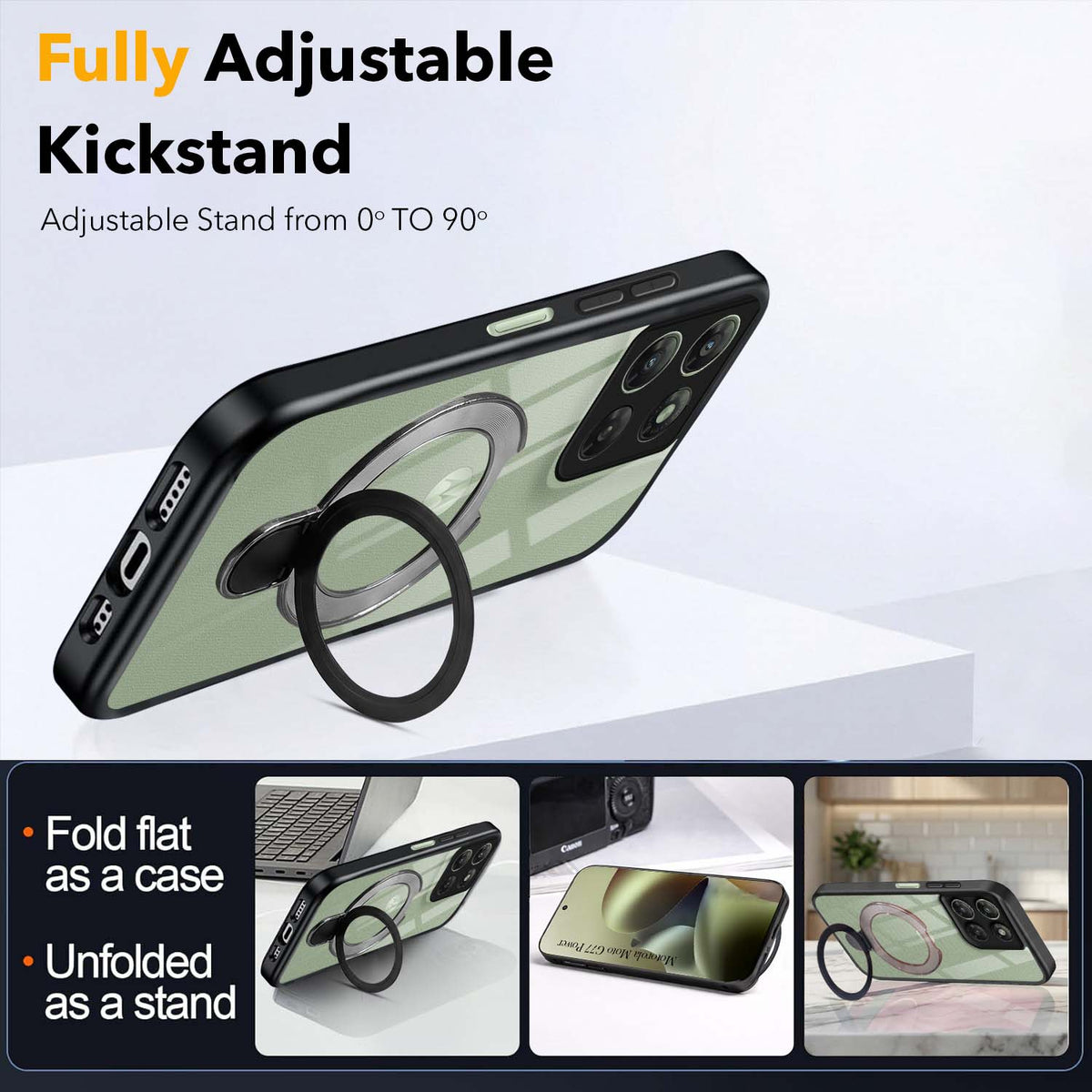 For Motorola Moto G77 Power Back Cover Case (Kick Stand Ring Holder | Life time Anti Yellow | Camera Protection)