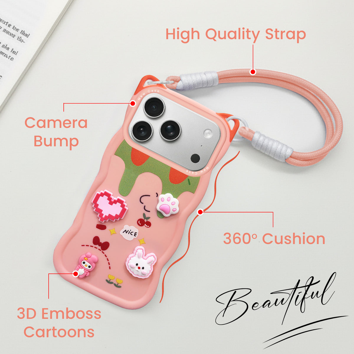 For Apple iPhone 18 Pro Back Case Cover Strap (3D Embossed Figures | Strap Holder | 360* Soft Cushion with Camera Bump)