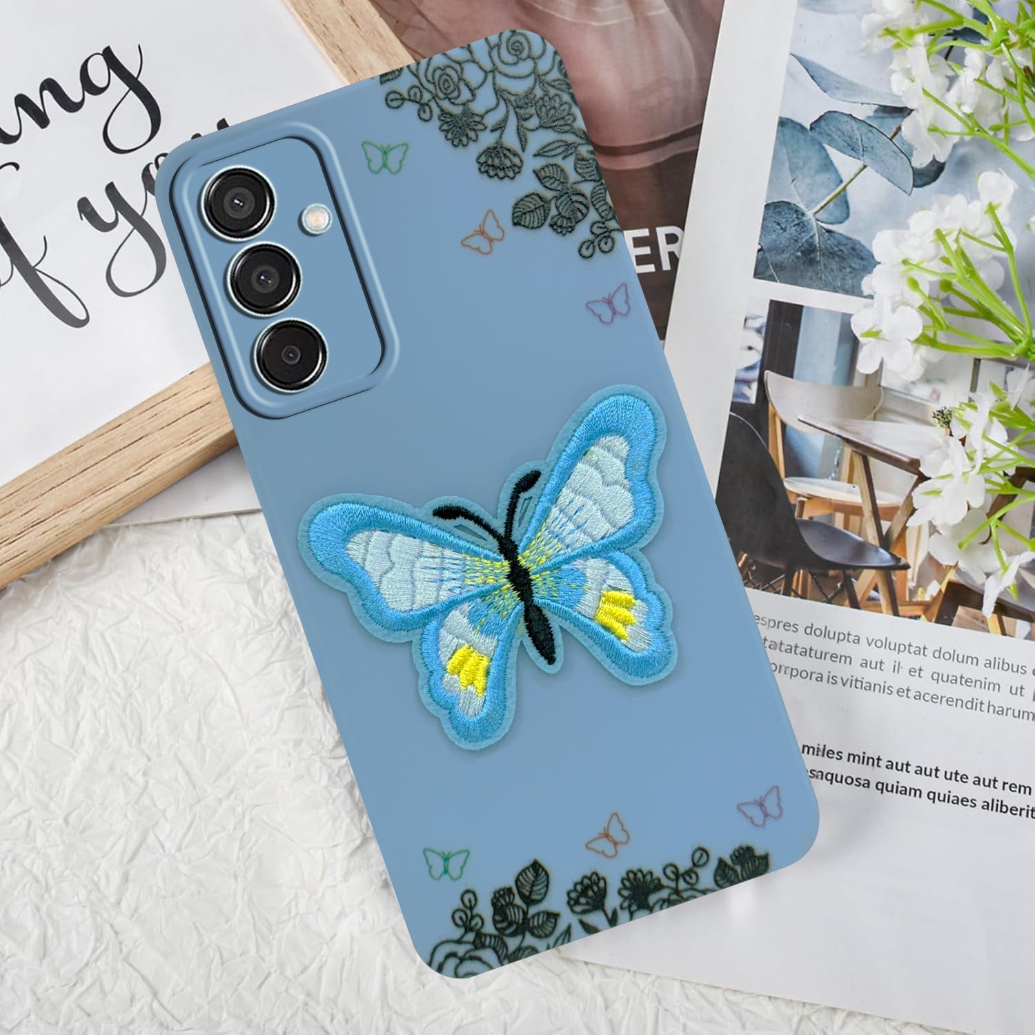 For Samsung Galaxy M15 5G Back Cover Case (Soft Butterfly Embroidery | Women Teen Girls | Camera Protection| Matte Silicone)