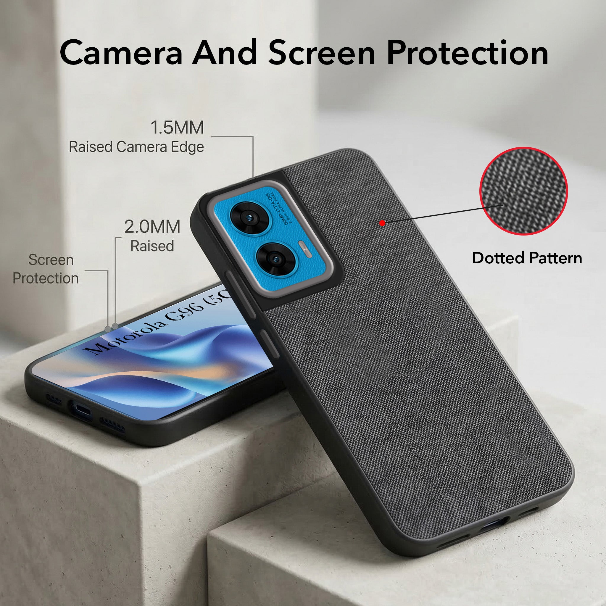 For Motorola Moto G96 Combo with Back Cover and 9H Tempered Glass (Textured Grip Design | Micro-Fiber Cloth Inside | Oleophobic Coating Screen Glass)
