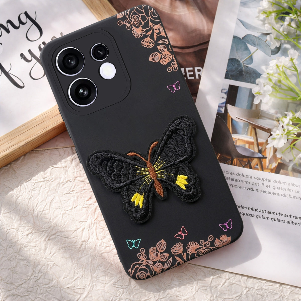 For Oppo Reno 16 Back Cover Case (Soft Butterfly Embroidery | Women Teen Girls | Camera Protection| Matte Silicone)