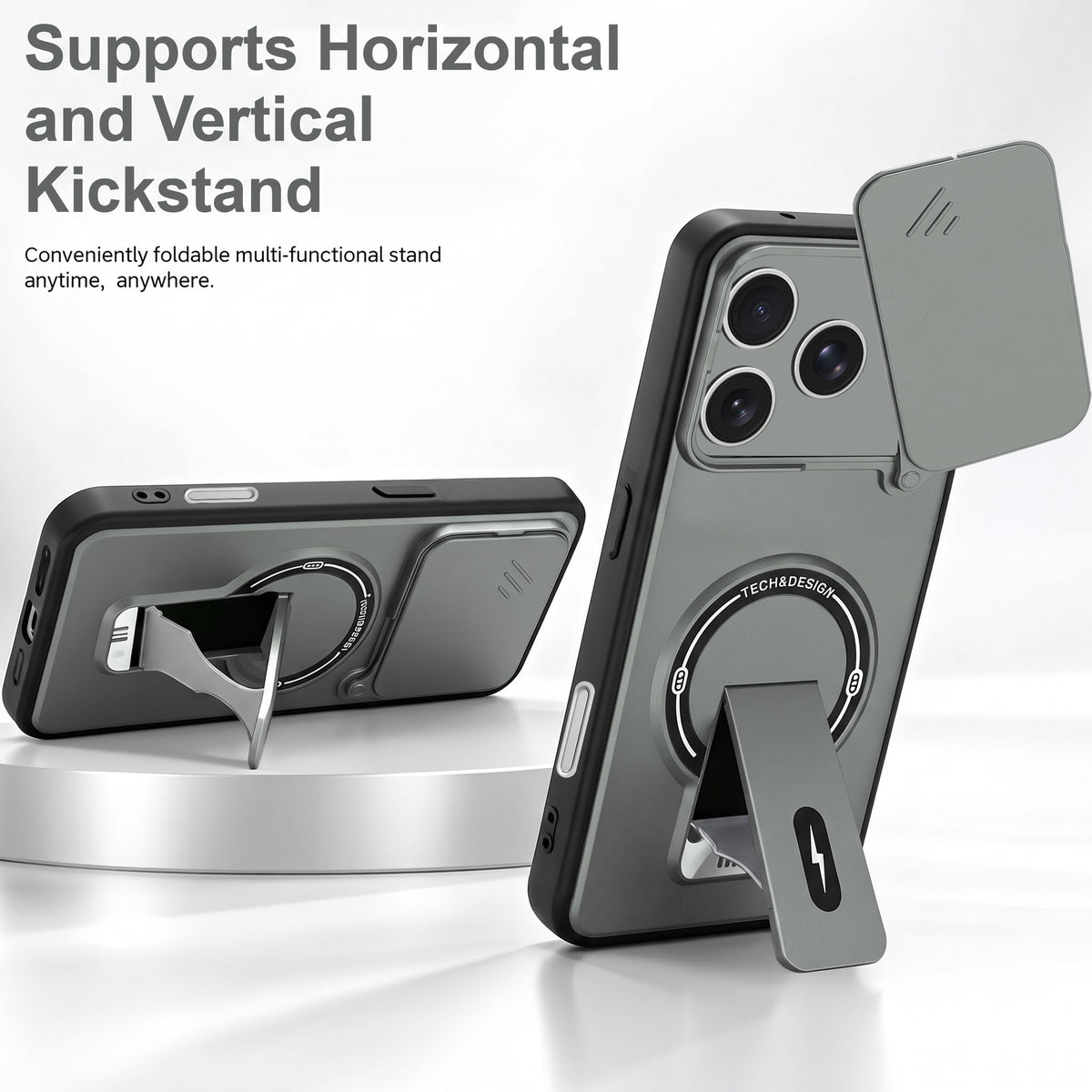 For Apple iPhone 17 Pro Back Case Cover Metallic (Hybrid Armor Kickstand | Sliding Shutter Camera Protection | MagSafe Compatible)