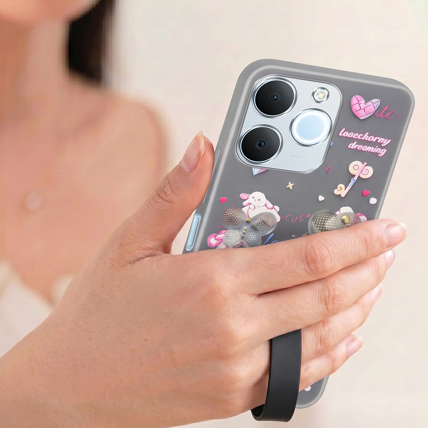 For Realme C71 Back Cover Case (3D Cute Heart Strap Holder | Camera Protection | Designer Girls Print)