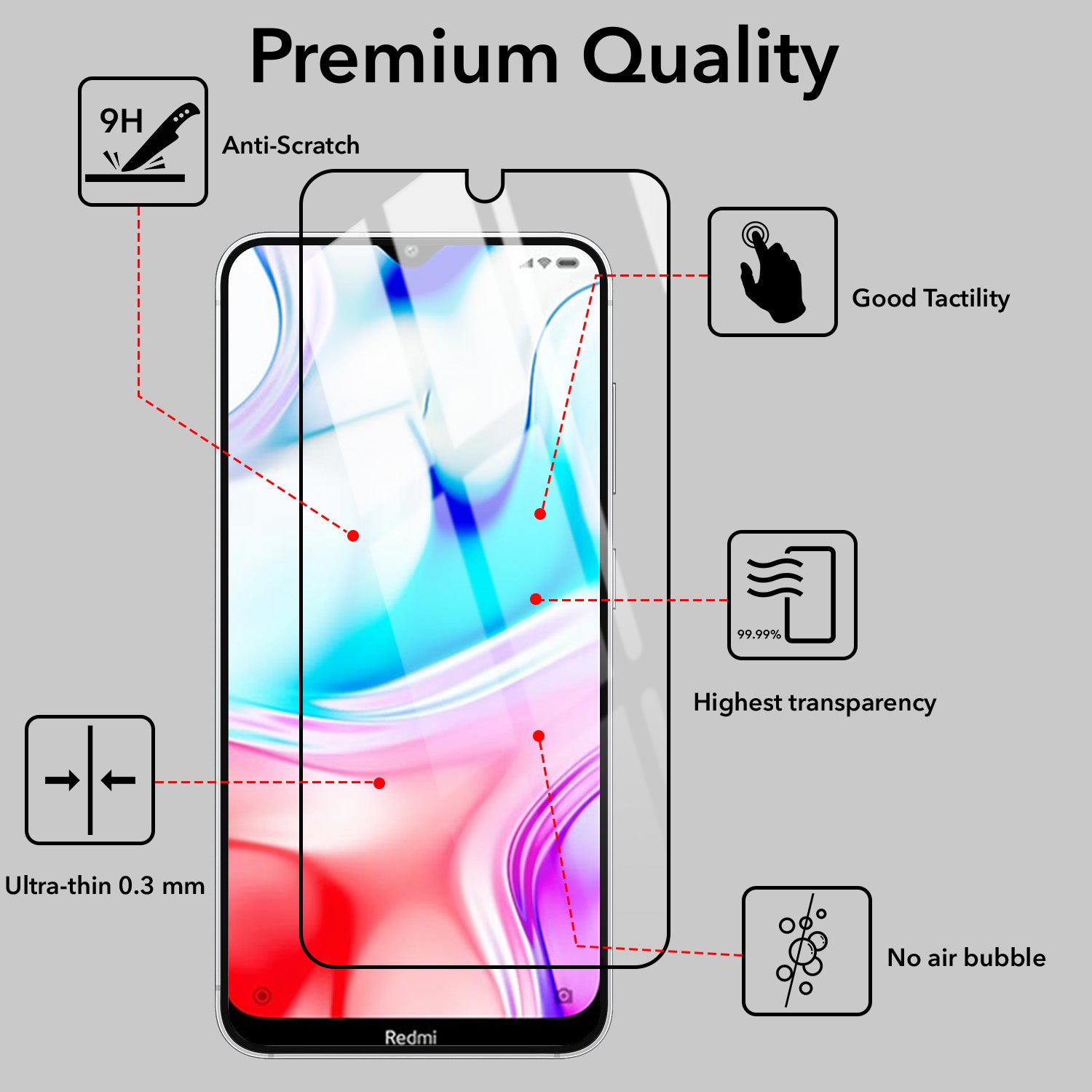 Tempered Glass For Xiaomi Redmi 8 Military-Grade Gorilla Screen Protector With Installation Kit | Shatterproof, Full Coverage, HD Clear, Scratch Resistant (Pack of 1)