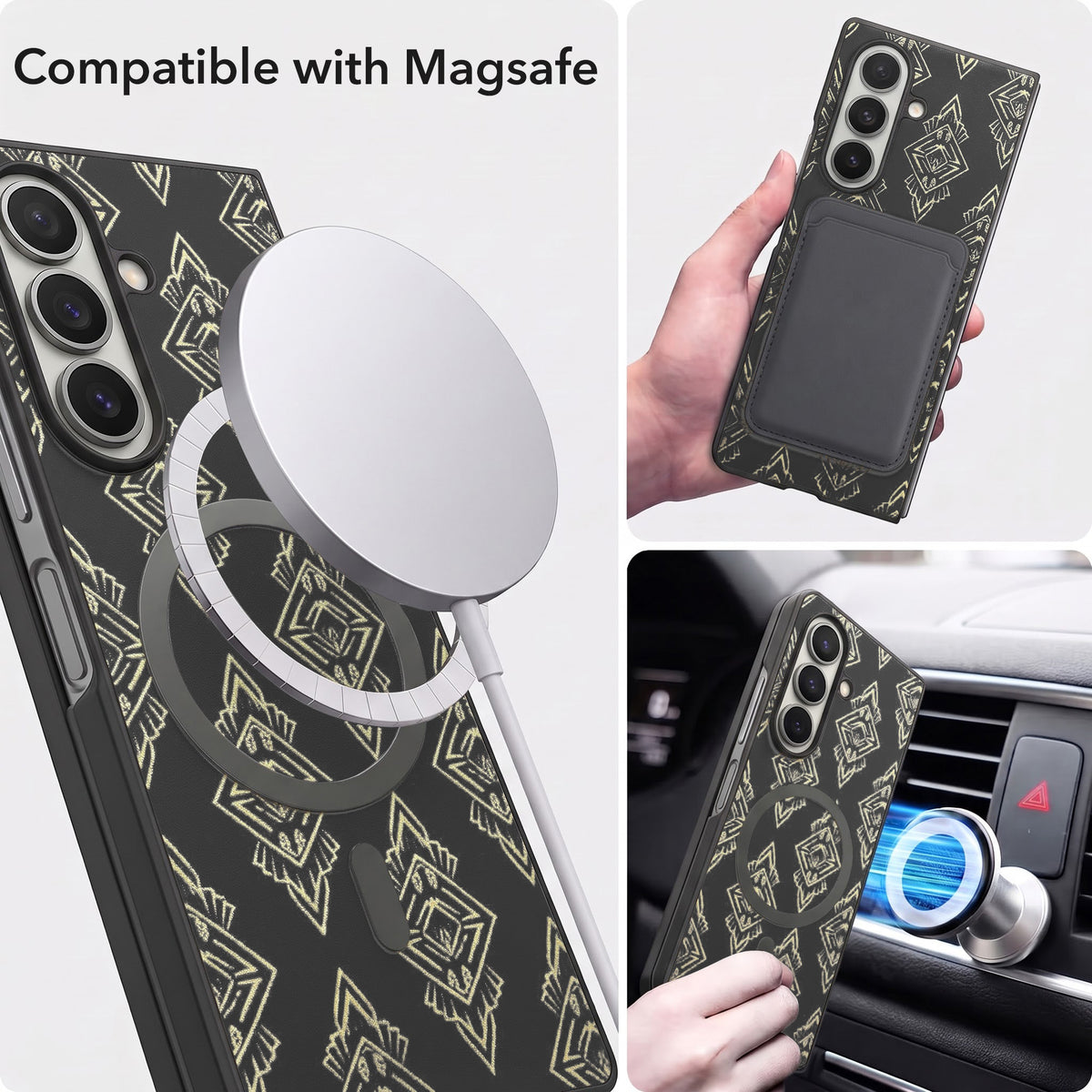 For Samsung Galaxy Z Fold 7 Back Cover Case Premium Magnetic (MagSafe Compatible | 180° Folding Design | Geometric Gold Pattern | Soft Microfiber Inner Lining)