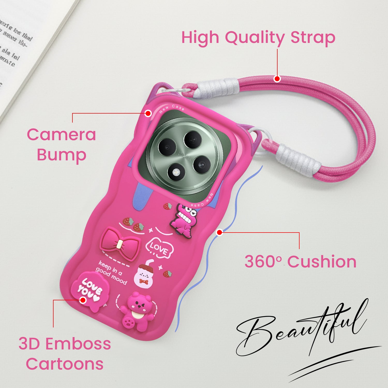 For Oppo F27 5G Back Case Cover Strap (3D embossed Figures | Strap Holder | 360* Soft Cushion with Camera Bump)