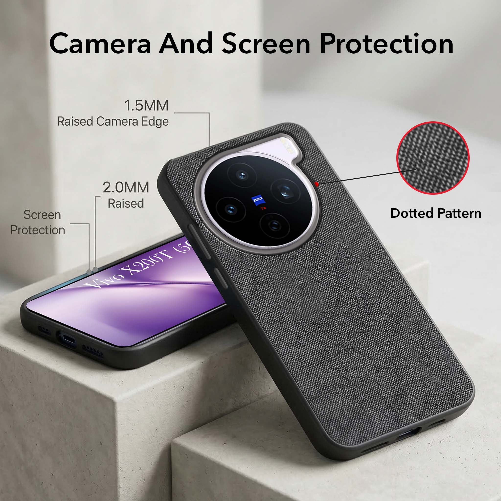 For Vivo X200T Combo with Back Cover and 9H Tempered Glass (Textured Grip Design | Micro-Fiber Cloth Inside | Oleophobic Coating Screen Glass)