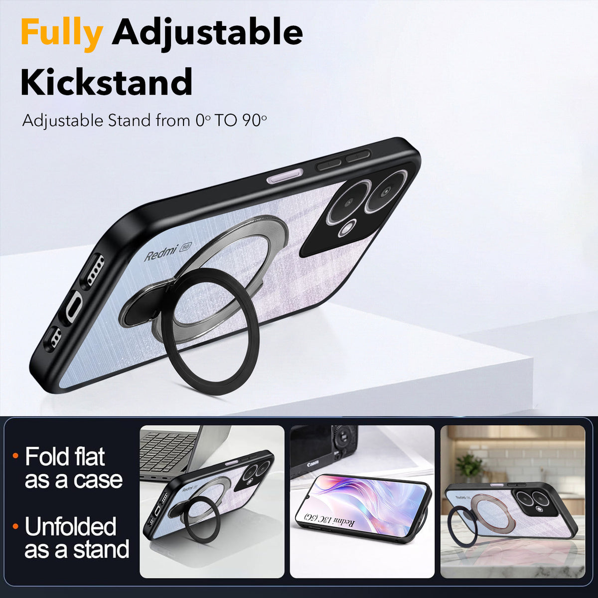 For Redmi 13C 5G Back Cover Case (Kick Stand Ring Holder | Life time Anti Yellow | Camera Protection)